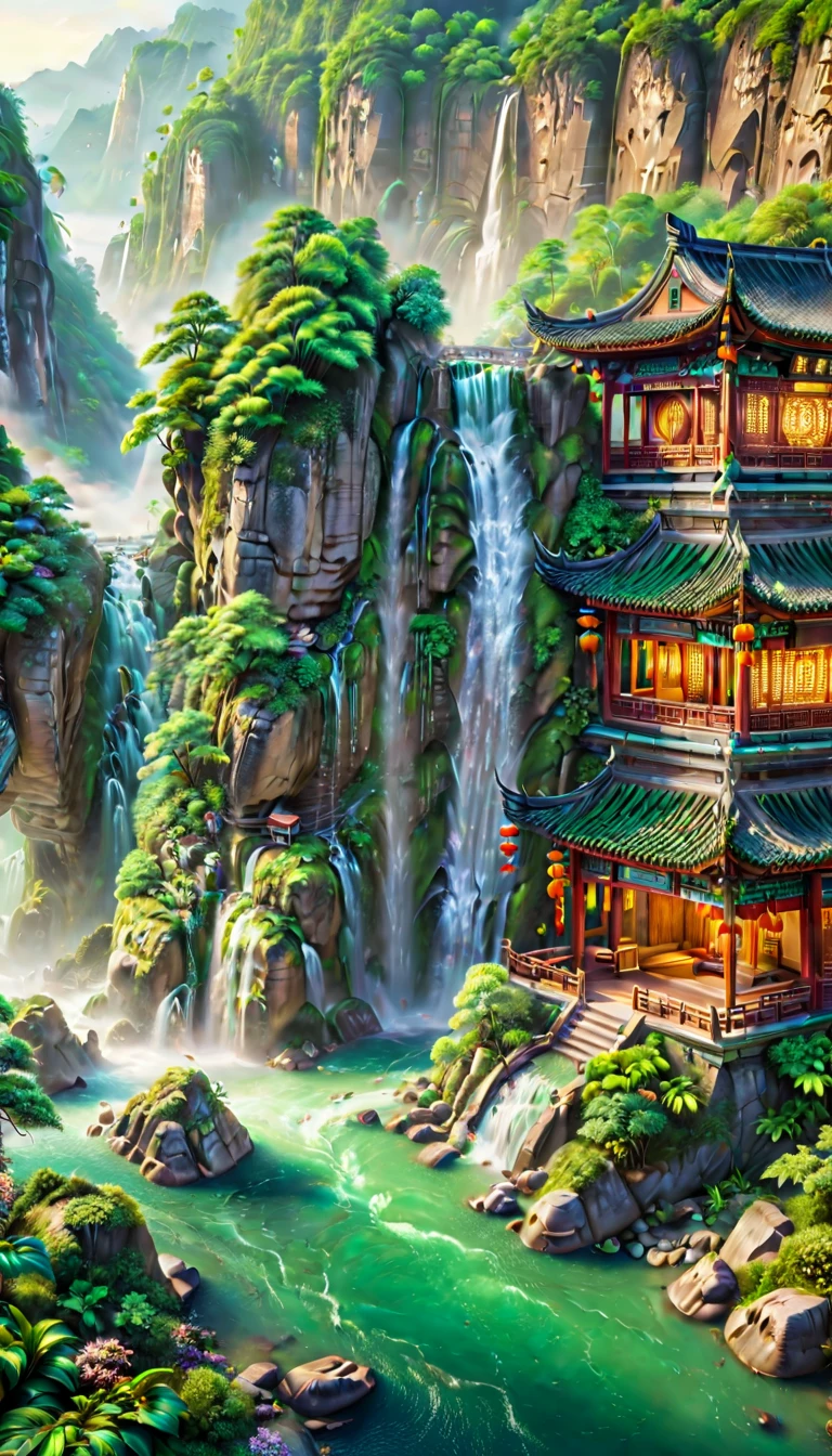 ((Aerial View))，A breathtaking scene of China's famously beautiful waterfall, showcasing its majestic flow amidst a lush, vibrant landscape. The waterfall cascades over steep cliffs, surrounded by dense forests and mist rising from the impact zone. Traditional Chinese architecture, such as pavilions or bridges, subtly integrates into the scene, enhancing the cultural and natural harmony. The image captures the essence of tranquility and the awe-inspiring power of nature, with crystal-clear water sparkling under the sunlight, creating a serene and picturesque setting that epitomizes the ultimate beauty of Chinese landscapes.