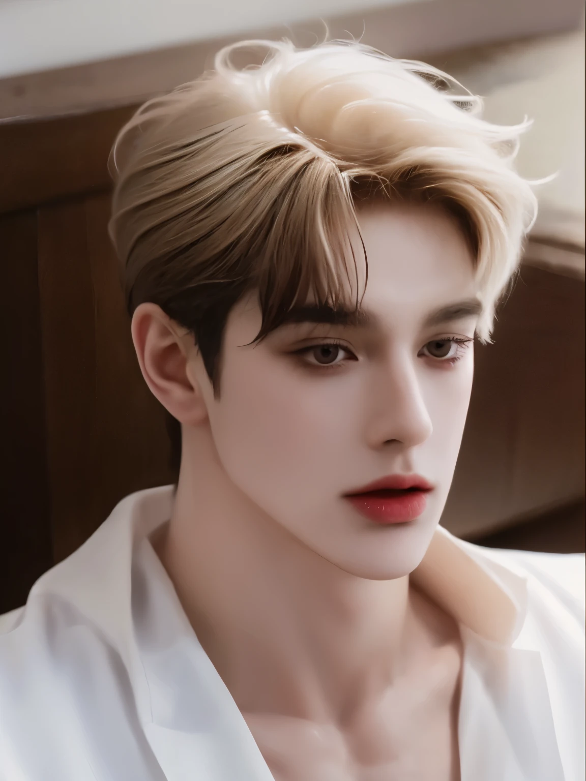 masterpiece, top elite quality, ultra perfection detailed, 1 young male, 18-ish, male focus, solo, attractively handsome, photography of a handsome pale british-boy with plain ancient clothes, the boy have heavy bangs fully over his forehead, the boy looking sick, manhwa style, pose, 8k.