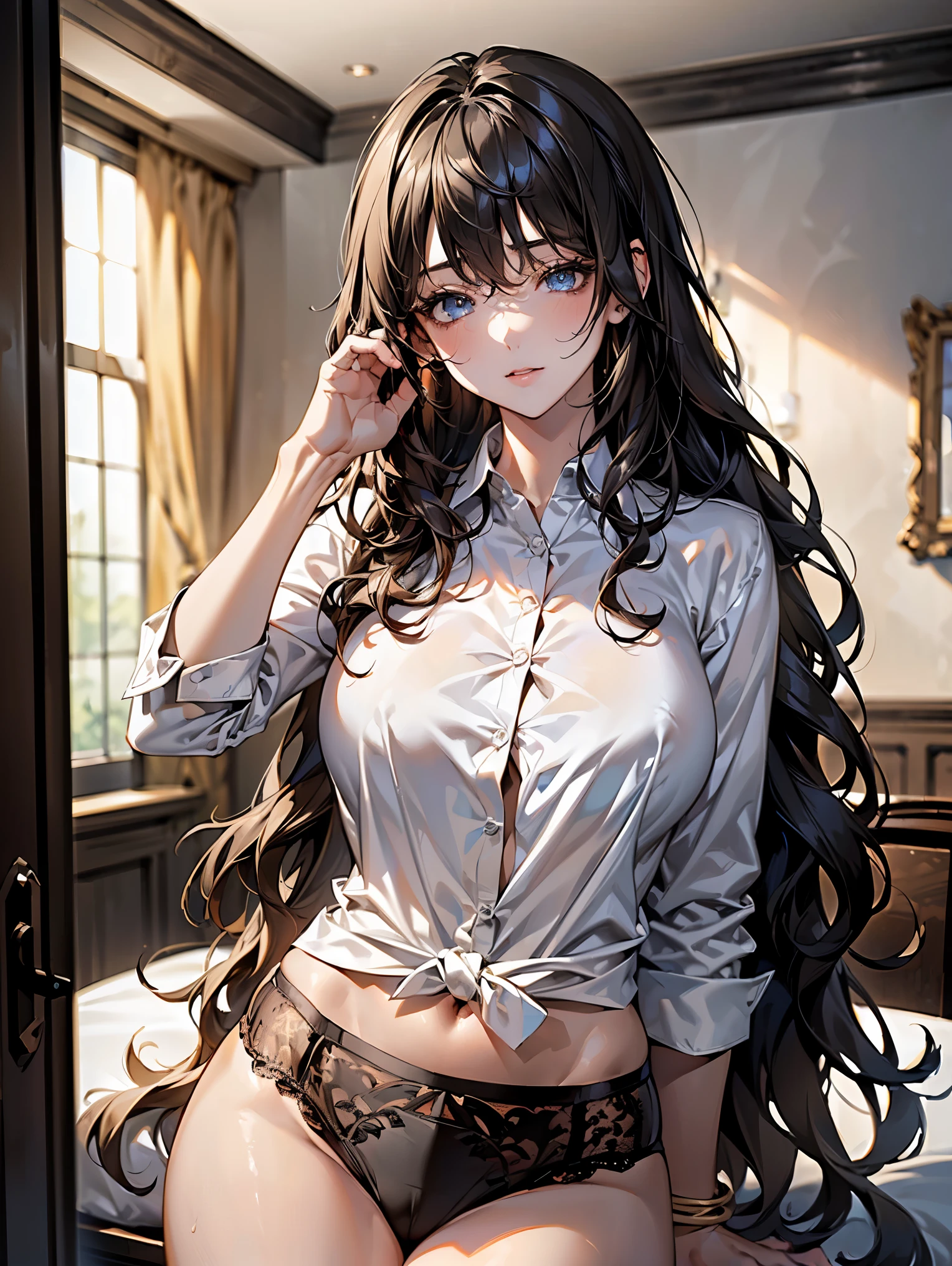 (( (masterpiece),(Highly detailed CG Unity 8k wallpaper), highest quality,cinematic lighting,Photoreal, detailed background,beautiful and detailed eyes,(very elegant and beautiful),(beautiful and detailed eyes description),Super detailed,masterpiece,High resolution)), (perfect anatomy:1.2), Curvaceous, ((constricted waist, big breasts)), ((long wavy black hair:1.5)), sexy eyes, (black underwear:1.5), (L size white Y shirt:1.5)