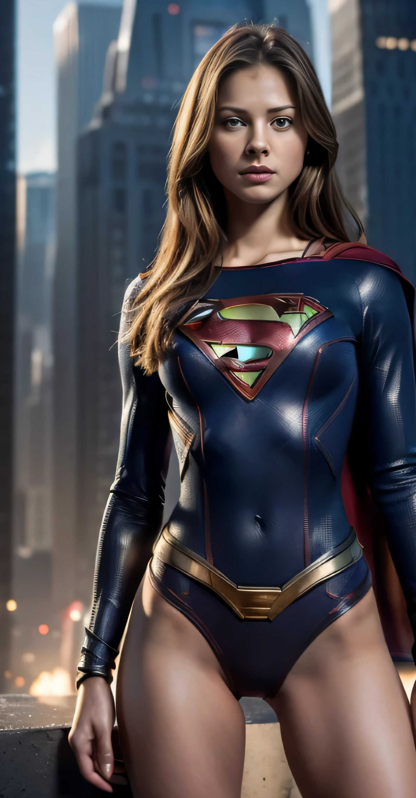 ((masterpiece, 8K, 3D, Realistic, Super Detail)), (1girl:1.3), slender 17 age, Ultra Micro photography, Super realistic, Perfect face, Beautiful features, ((Perfect female body)) Beautiful features, ( body), ((small hip)), Melissa Benoist as Supergirl ((Exposed thigh)), Exposed Skin, Front Full body Shot, full body portrait, futuristic city background