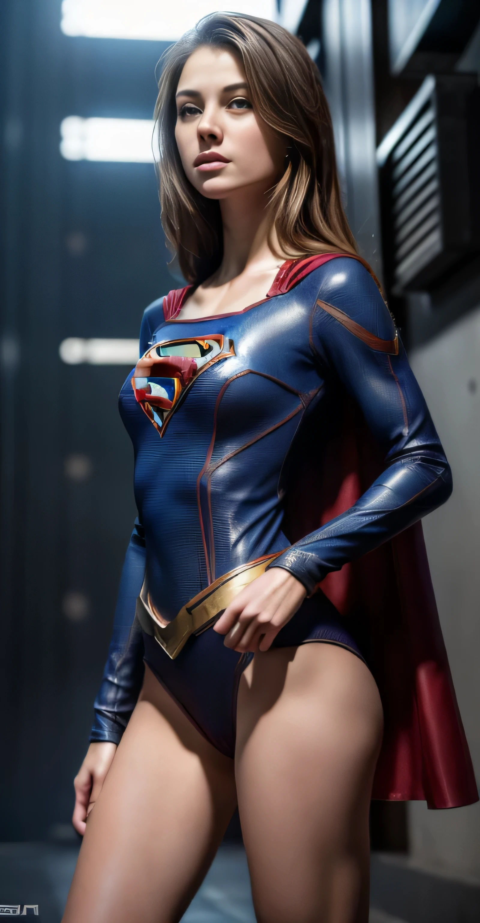 ((masterpiece, 8K, 3D, Realistic, Super Detail)), (1girl:1.3), slender 17 age, Ultra Micro photography, Super realistic, Perfect face, Beautiful features, ((Perfect female body)) Beautiful features, ( body), ((small hip)), Melissa Benoist as Supergirl ((Exposed thigh)), Exposed Skin, Front Full body Shot, full body portrait, futuristic city background