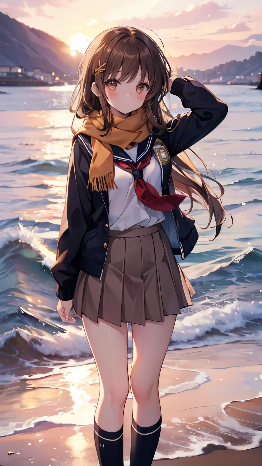 1girl, high school girl, long hair, brown hair, sailor school uniform, brown eyes, scarf, sunset seashore, standing, wide open her legs, standing, Looking at the viewer,