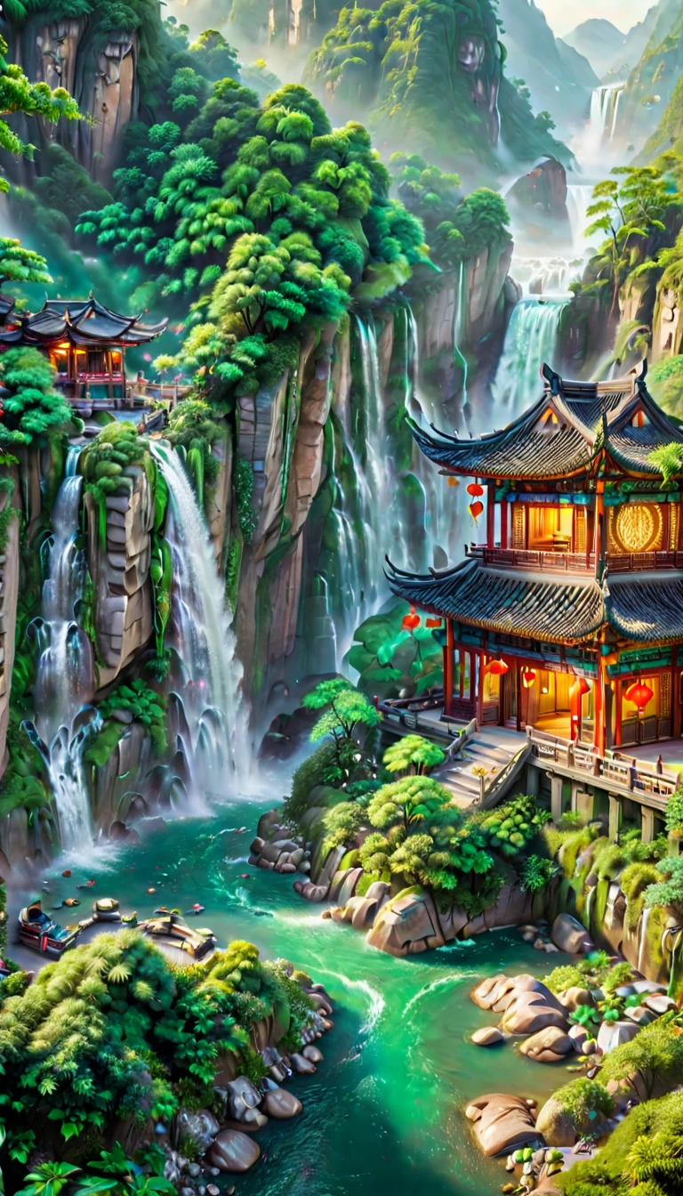 ((Aerial View)),A breathtaking scene of China's famously beautiful waterfall, showcasing its majestic flow amidst a lush, vibrant landscape. The waterfall cascades over steep cliffs, surrounded by dense forests and mist rising from the impact zone. Traditional Chinese architecture, such as pavilions or bridges, subtly integrates into the scene, enhancing the cultural and natural harmony. The image captures the essence of tranquility and the awe-inspiring power of nature, with crystal-clear water sparkling under the sunlight, creating a serene and picturesque setting that epitomizes the ultimate beauty of Chinese landscapes.