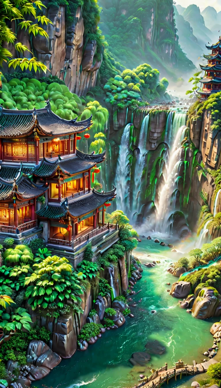 A breathtaking scene of China's famously beautiful waterfall, showcasing its majestic flow amidst a lush, vibrant landscape. The waterfall cascades over steep cliffs, surrounded by dense forests and mist rising from the impact zone. Traditional Chinese architecture, such as pavilions or bridges, subtly integrates into the scene, enhancing the cultural and natural harmony. The image captures the essence of tranquility and the awe-inspiring power of nature, with crystal-clear water sparkling under the sunlight, creating a serene and picturesque setting that epitomizes the ultimate beauty of Chinese landscapes.