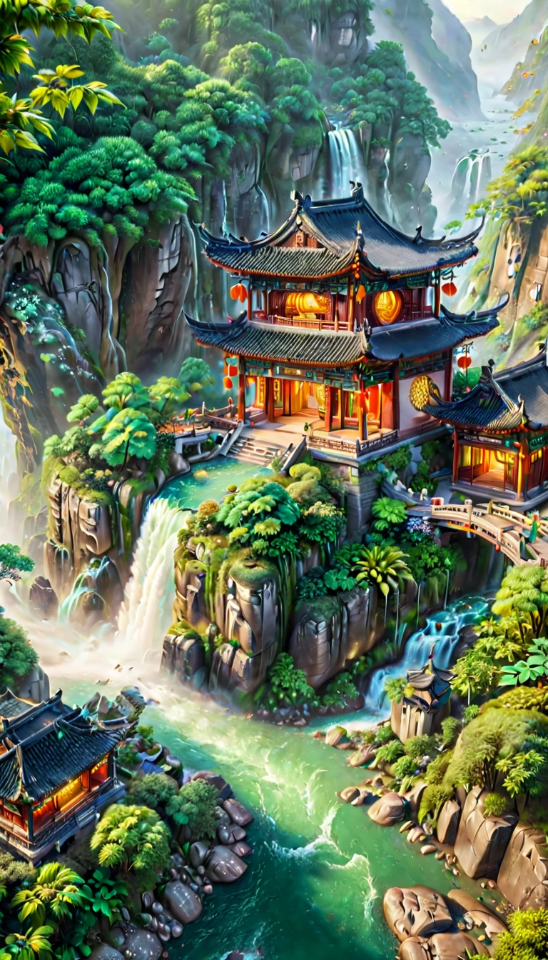 A breathtaking scene of China's famously beautiful waterfall, showcasing its majestic flow amidst a lush, vibrant landscape. The waterfall cascades over steep cliffs, surrounded by dense forests and mist rising from the impact zone. Traditional Chinese architecture, such as pavilions or bridges, subtly integrates into the scene, enhancing the cultural and natural harmony. The image captures the essence of tranquility and the awe-inspiring power of nature, with crystal-clear water sparkling under the sunlight, creating a serene and picturesque setting that epitomizes the ultimate beauty of Chinese landscapes.