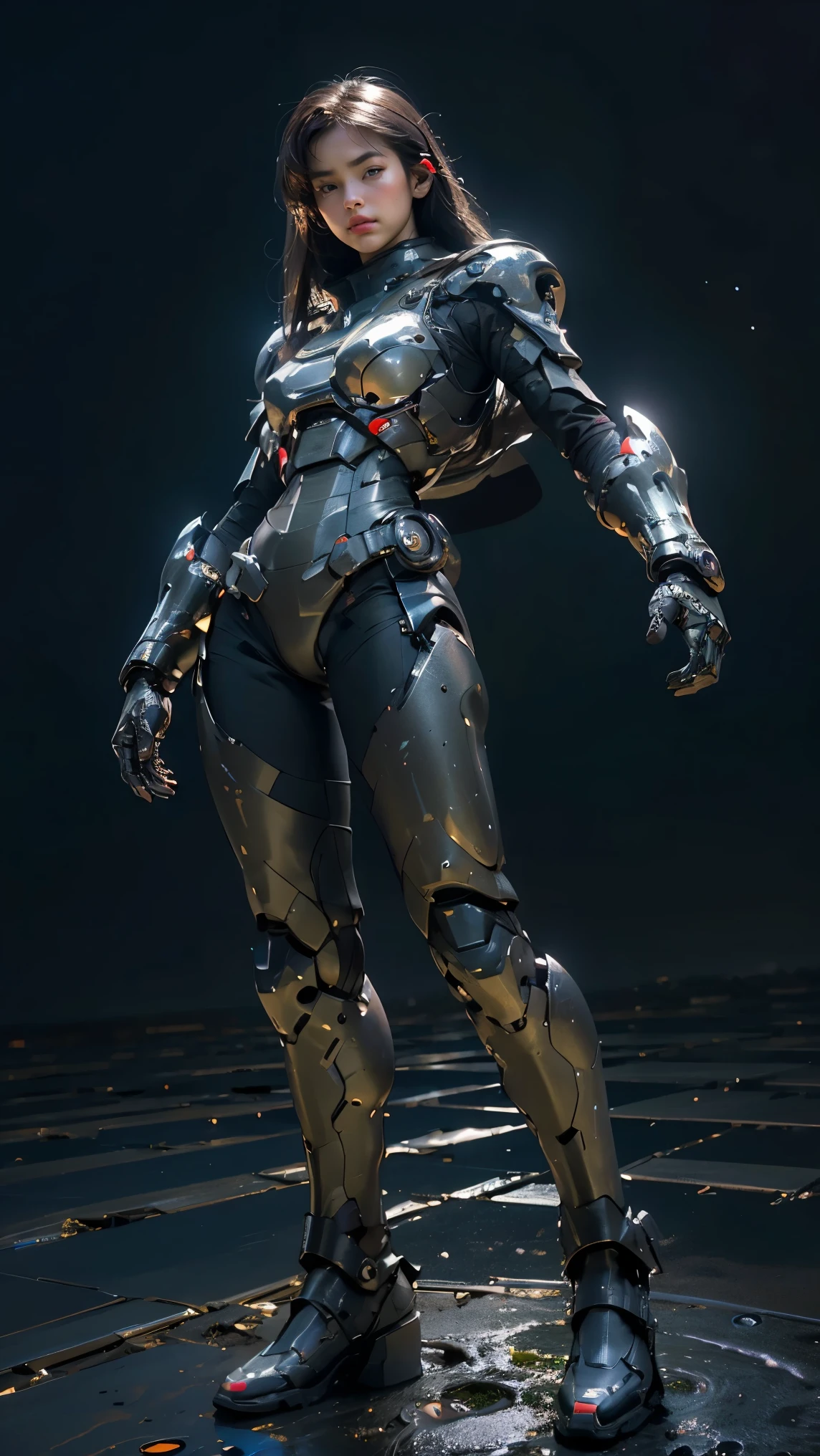 Cinematic scene, extremely detailed, Ultra realistic, masterpiece, best quality graphics, 1girl, adult, brown eyes, pretty face, wearing mecha armor. Led, steel, body suit, darker than black color, traditional modern combined pattern. ((Background night sky, big moonlight)) . (((full body view))), ((flying bird best angle)). UHD, Ultra High Resolution, best graphics quality. Inspired by Hei. Action pose.