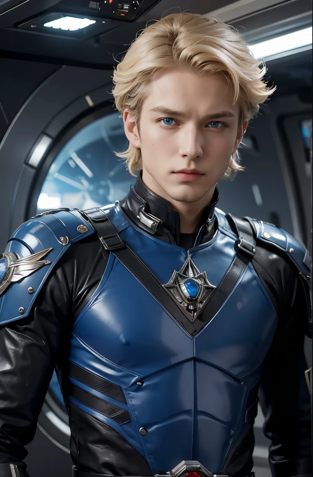 A beautiful man. Blonde hair and blue eyes. Twenties. The man is looking at the camera with a defiant expression. The men wear blue-black metallic combat uniforms. There is something on his waist that is reminiscent of Kamen Rider's transformation belt. A man is in the cockpit of a spaceship, and from the window of the spaceship he can see the Earth floating in space.