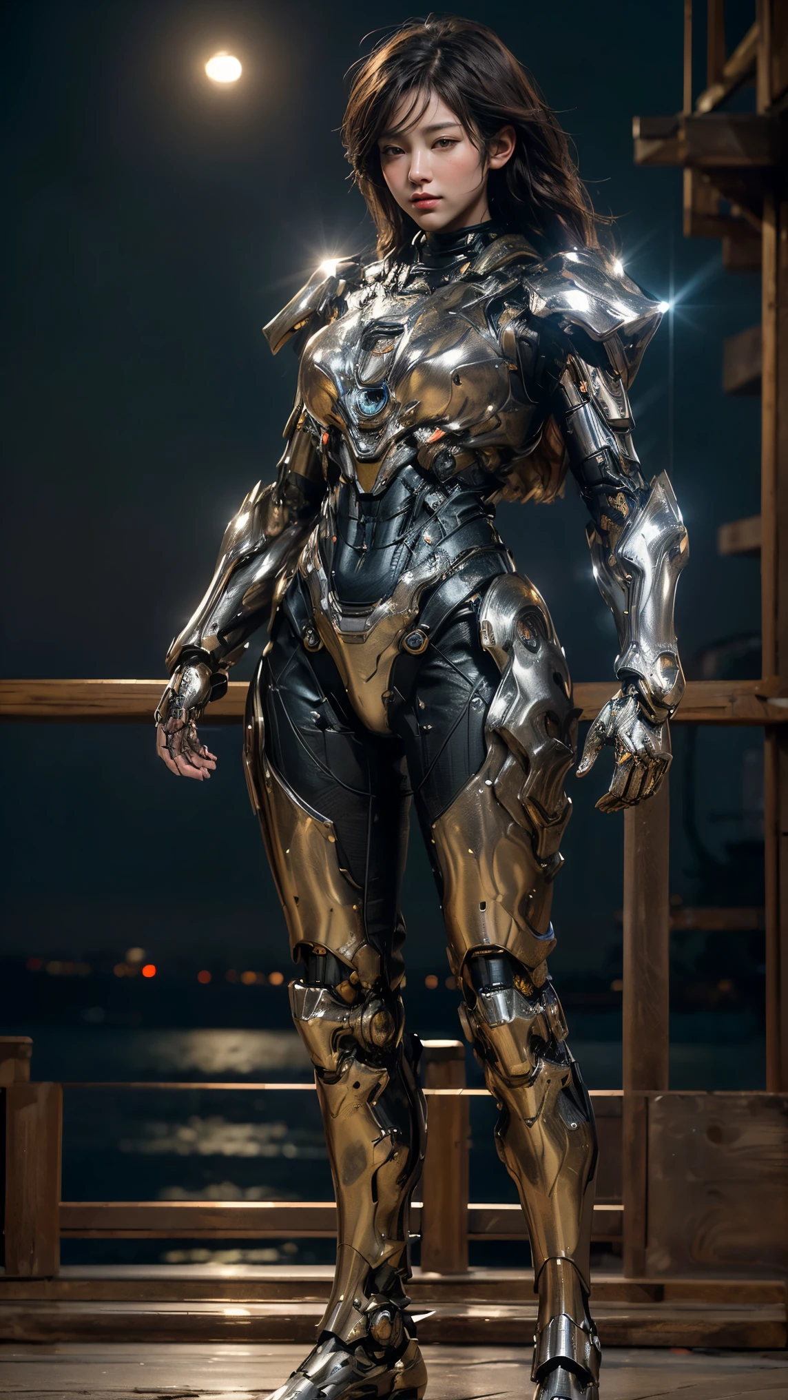 Cinematic scene, extremely detailed, Ultra realistic, masterpiece, best quality graphics, 1girl, adult, brown eyes, pretty face, wearing mecha armor. Led, steel, body suit, dark color. At night moonlight. (((full body view))), best point of view. 