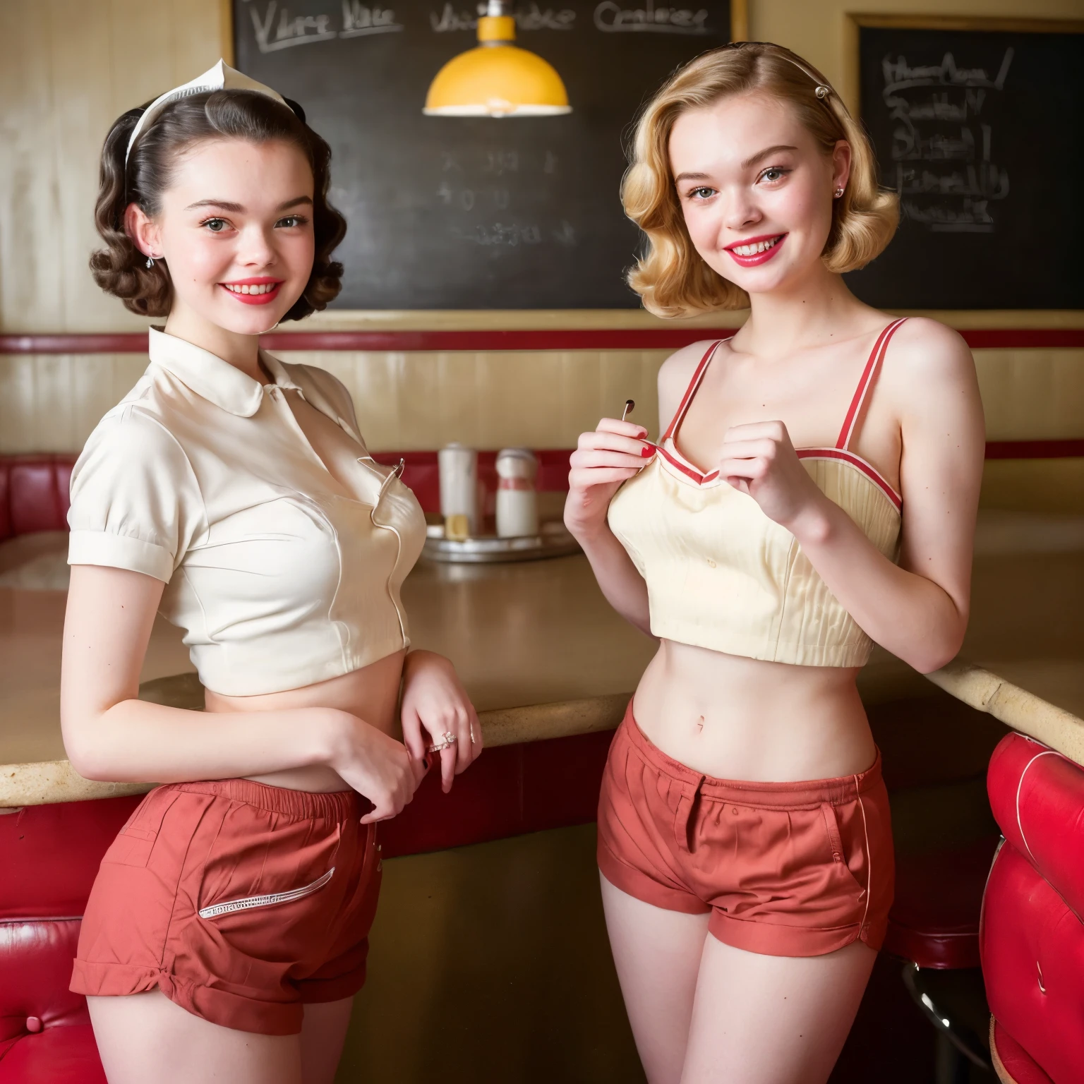 (best quality,4k,8k,high res,masterpiece:1.2),ultra-detailed,(realistic, photorealistic,photo-realistic:1.37), ((best quality)), ((masterpiece)), (detailed), ((NSFW)), ((Elle Fanning)), ((a waitress from the 1950s in a sexy short tight uniform)),, ((whole-body)), ((1950s hair and make-up)), ((1950s diner)), ((long eyelashes)), ((wide cheesecake smile with cute dimples)), ((red blushed-cheeks)), ((ultra-short shorts showing long shapely legs), ((well-drawn hands)), perfect teeth, ((well-drawn anatomy)), ((cinematic lighting)), ((Vibrant colour)),