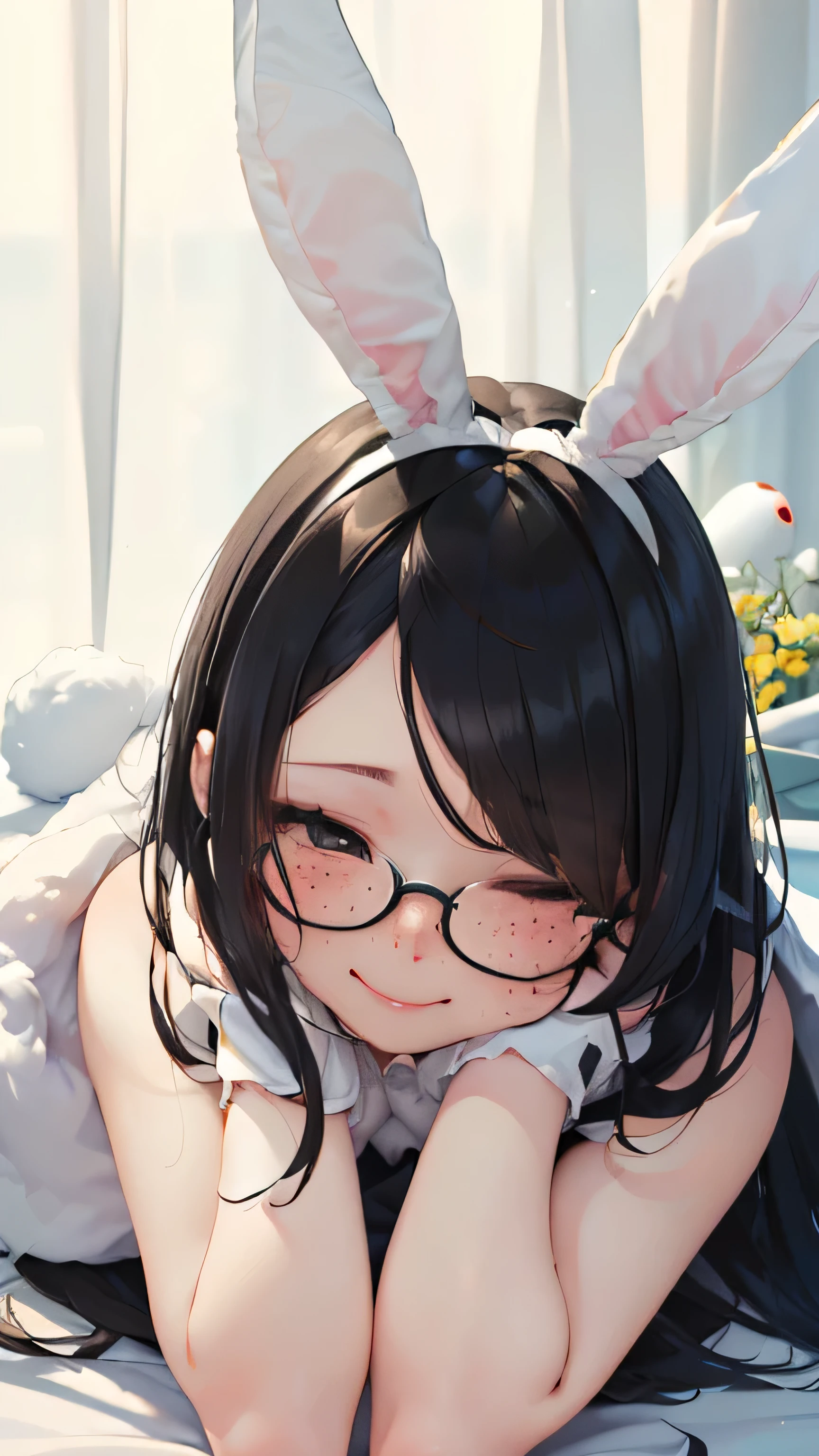 ((Fluffy white bunny suit made of fur:1.5、white stockings、white ribbon on wrist))((((white rabbit ears:1.5))))((On a large white bed、white room with white curtains))、(((sleeping sideways:1.5)))(、half eyes:1.6、his mouth is slightly smiling、blush、bend your knees together:1.2.foot pose:1.2)official fine art,Representative works、highest quality、An illustration、High resolution、Angle from above、looking here、low length、(((((long bangs hide the eyes:1.5)))))、(((freckles、long black hair:1.6 hair band)))(((black rim glasses:1.2 black eye)))