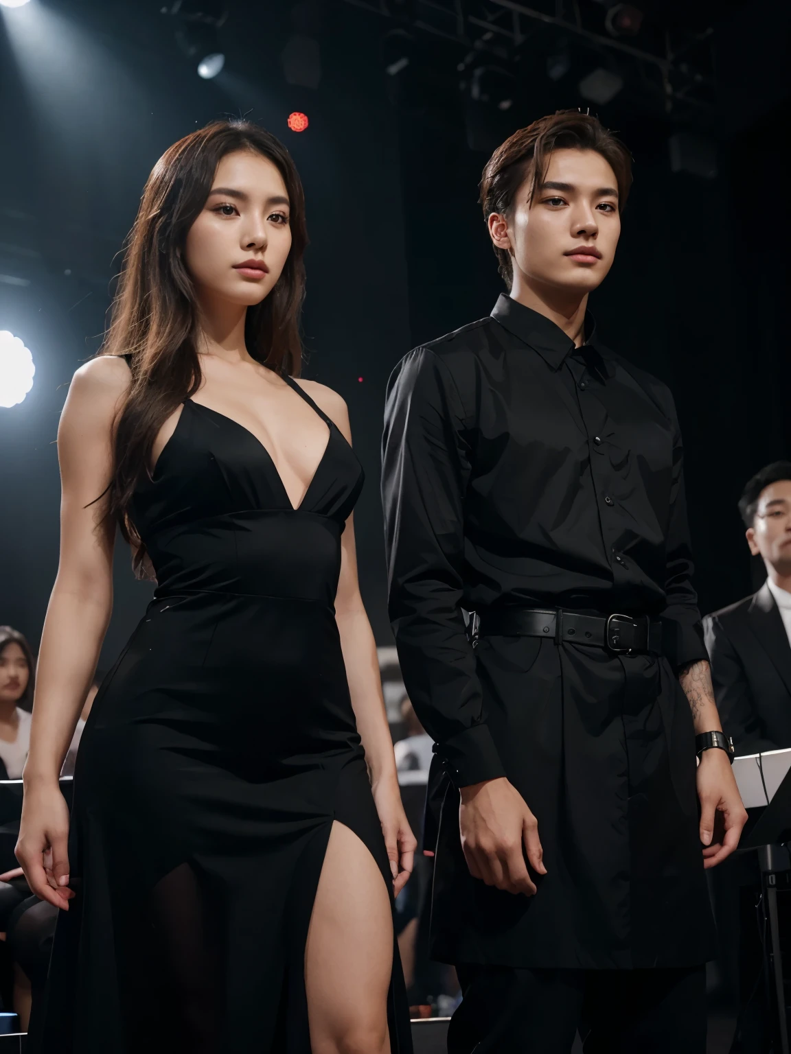a man and a woman standing next to each other on a music band festival stage, an image, inspired by Adam Dario Keel, which is trending in the cg community, beautiful young Korean woman dressed in a black long party dress movie screencap, model elisajes from acquamodels