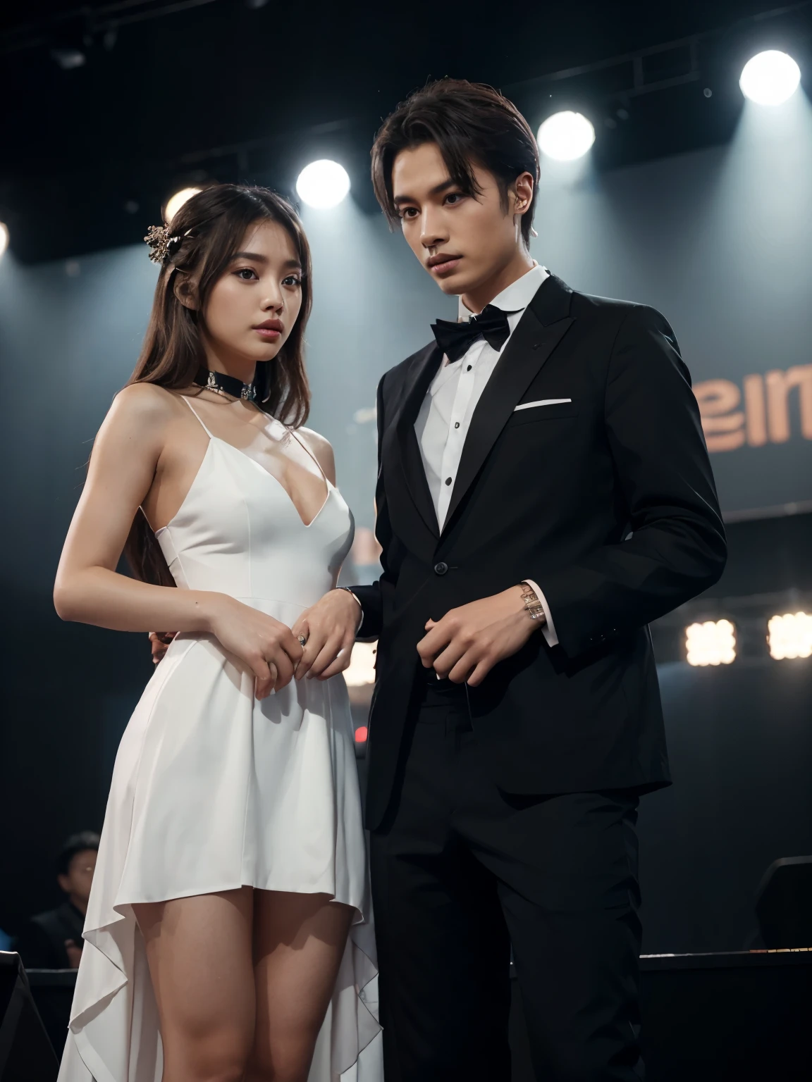 a man and a woman standing next to each other on a music band festival stage, an image, inspired by Adam Dario Keel, which is trending in the cg community, beautiful young Korean woman dressed in a black long party dress movie screencap, model elisajes from acquamodels