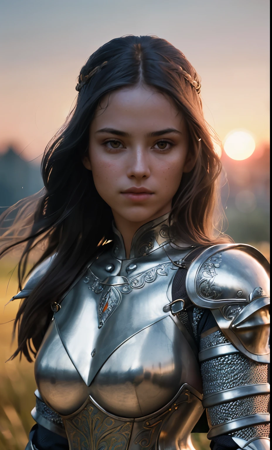 (masterpiece), (extremely intricate:1.3), (realistic), portrait of a girl, the most beautiful in the world, (medieval armor), metal reflections, upper body, outdoors, intense sunlight, far away castle, professional photograph of a stunning woman detailed, sharp focus, dramatic, award winning, cinematic lighting, octane render unreal engine, volumetrics dtx, (film grain, blurry background, blurry foreground, bokeh, depth of field, sunset, motion blur:1.3), chainmail