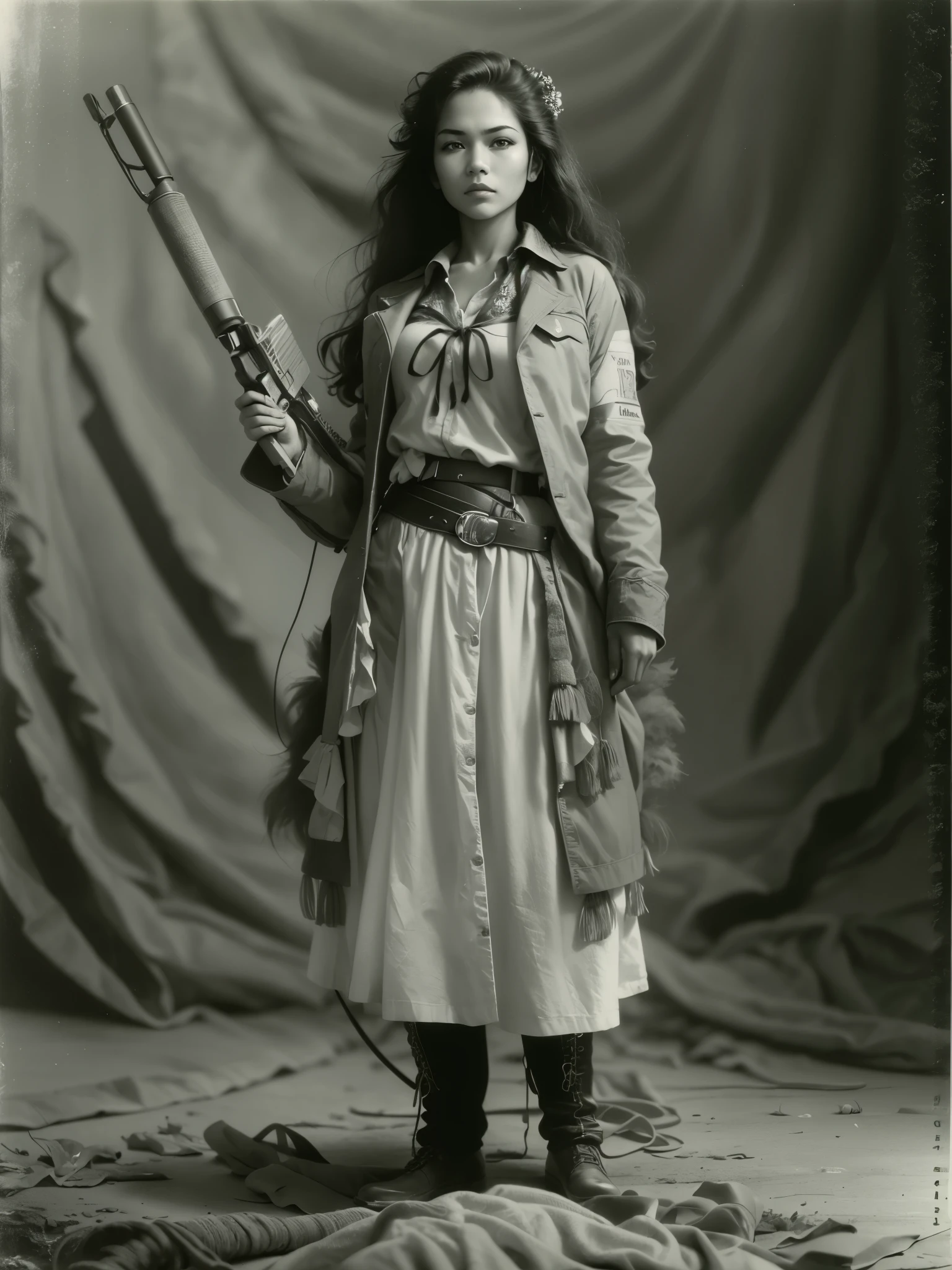 ((best quality)) , ((masterpiece)) ,((details)),Female,sharpshooter,moccasin color,((simple_background)),((Kodak Tri-X 400)) ,8k resolution