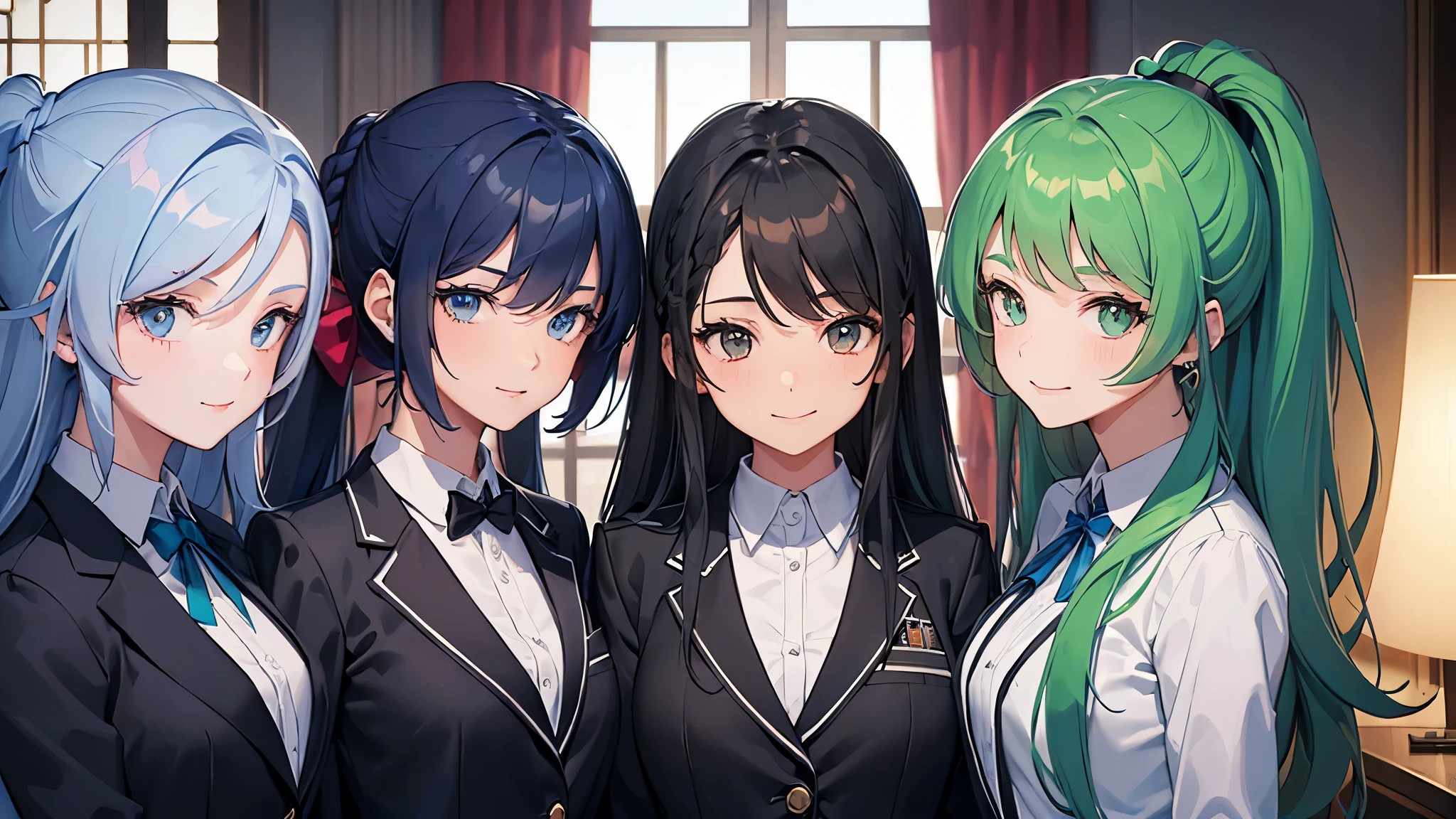 (((3 girls, lovely smile))), (in a school blazer),
(((3 girls people-completely different hairstyles))),
(a ponytail green hair long hair cute girl, 14 yo),
(a forehead:0.5 blue hair long hair lovely girl, 14 yo), break,
((a black straight long hair femdom girl, bigboobs, 17 yo)), (all three of us love the same person),
(background is Castle) break, masterpiece:1.3, best quality.