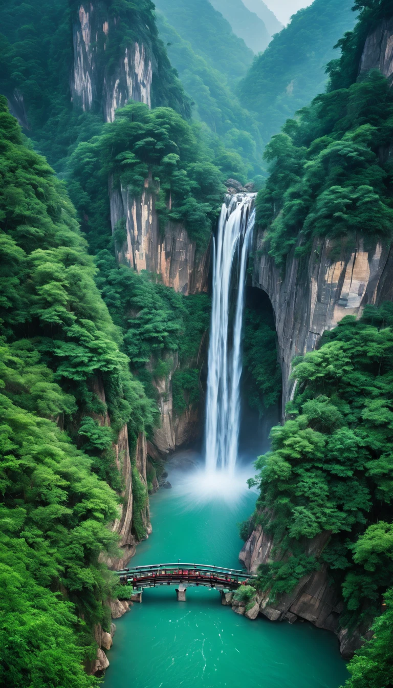 A breathtaking scene of China's famously beautiful waterfall, showcasing its majestic flow amidst a lush, vibrant landscape. The waterfall cascades over steep cliffs, surrounded by dense forests and mist rising from the impact zone. Traditional Chinese architecture, such as pavilions or bridges, subtly integrates into the scene, enhancing the cultural and natural harmony. The image captures the essence of tranquility and the awe-inspiring power of nature, with crystal-clear water sparkling under the sunlight, creating a serene and picturesque setting that epitomizes the ultimate beauty of Chinese landscapes.