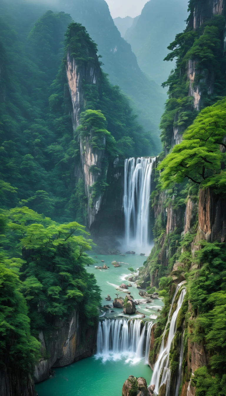 A breathtaking scene of China's famously beautiful waterfall, showcasing its majestic flow amidst a lush, vibrant landscape. The waterfall cascades over steep cliffs, surrounded by dense forests and mist rising from the impact zone. Traditional Chinese architecture, such as pavilions or bridges, subtly integrates into the scene, enhancing the cultural and natural harmony. The image captures the essence of tranquility and the awe-inspiring power of nature, with crystal-clear water sparkling under the sunlight, creating a serene and picturesque setting that epitomizes the ultimate beauty of Chinese landscapes.