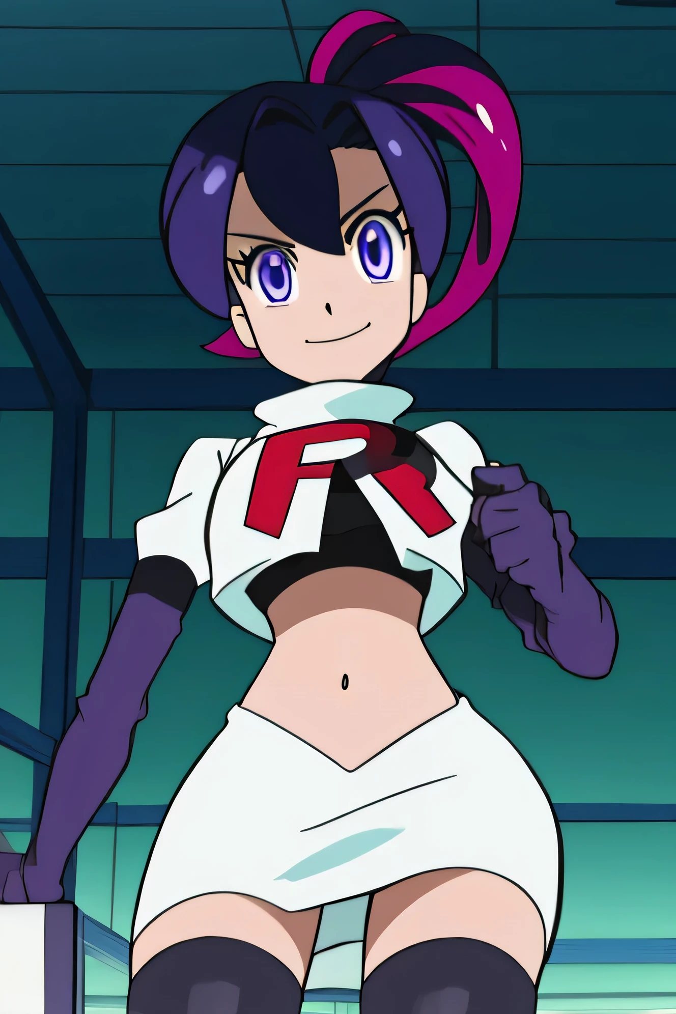 akiratachibana, akira tachibana, long hair, bangs, black hair, (purple eyes:1.1),
BREAK ponytail, team rocket,team rocket uniform,white skirt,red letter R,crop top,black thigh-highs,black elbow gloves
BREAK looking at viewer,
BREAK (masterpiece:1.2), best quality, high resolution, unity 8k wallpaper, (illustration:0.8), (beautiful detailed eyes:1.6), extremely detailed face, perfect lighting, extremely detailed CG, (perfect hands, perfect anatomy),8k,1girl in, (solo:1.1), (perfect body:1.1), (best quality:1.1), very large breast, team rocket, team rocket uniform, red letter r, white skirt,white crop top,black thigh-high boots, black elbow gloves, smiling, looking down at viewer, hands on hips,zettai ryouiki,cowboy shot