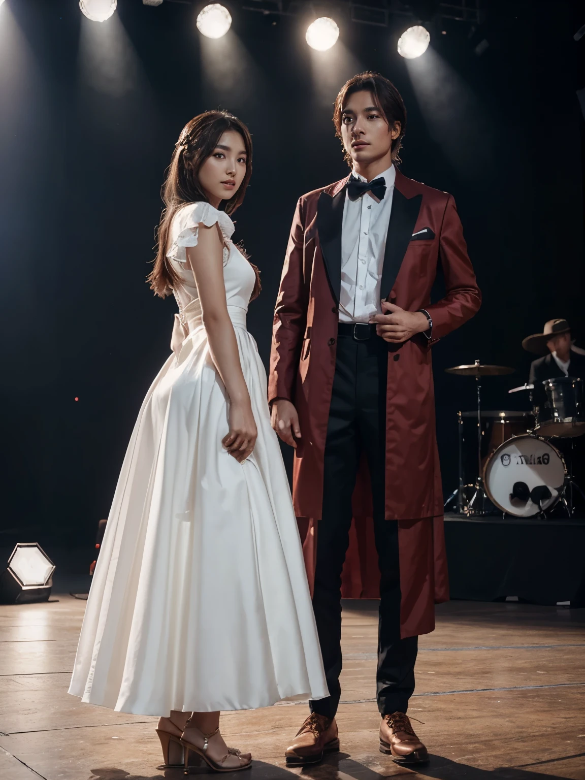 a man and a woman standing next to each other on a music band festival stage, an image, inspired by Adam Dario Keel, which is trending in the cg community, beautiful young Korean woman dressed in a long party dress movie screencap, model elisajes from acquamodels