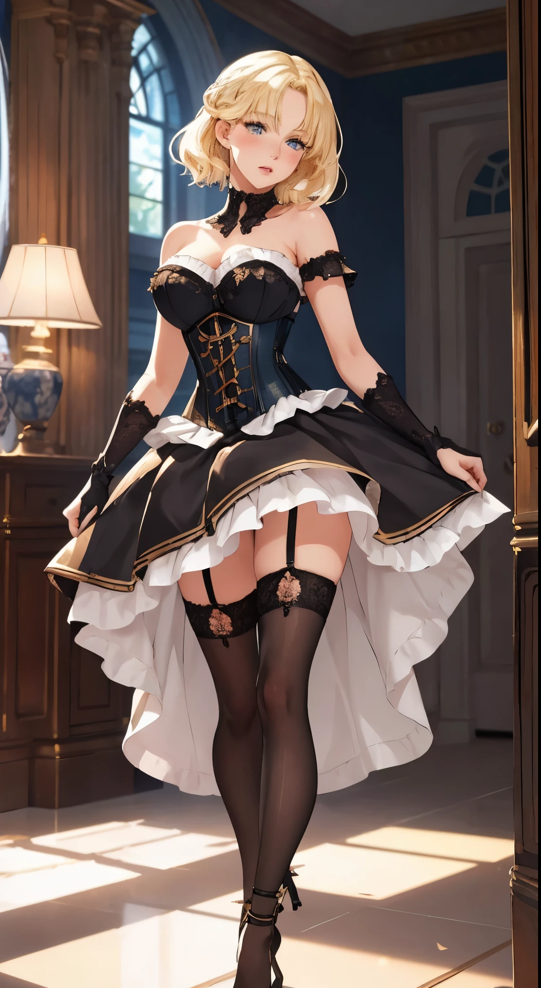 ultra detailed, sharp focus, best quality, masterpiece, colorful, mariacampbell, 1girl, blonde hair, full body shot, blush, intricate details, glossy lips, full lips, standing, strapless corset, indoors, thigh highs, high heels