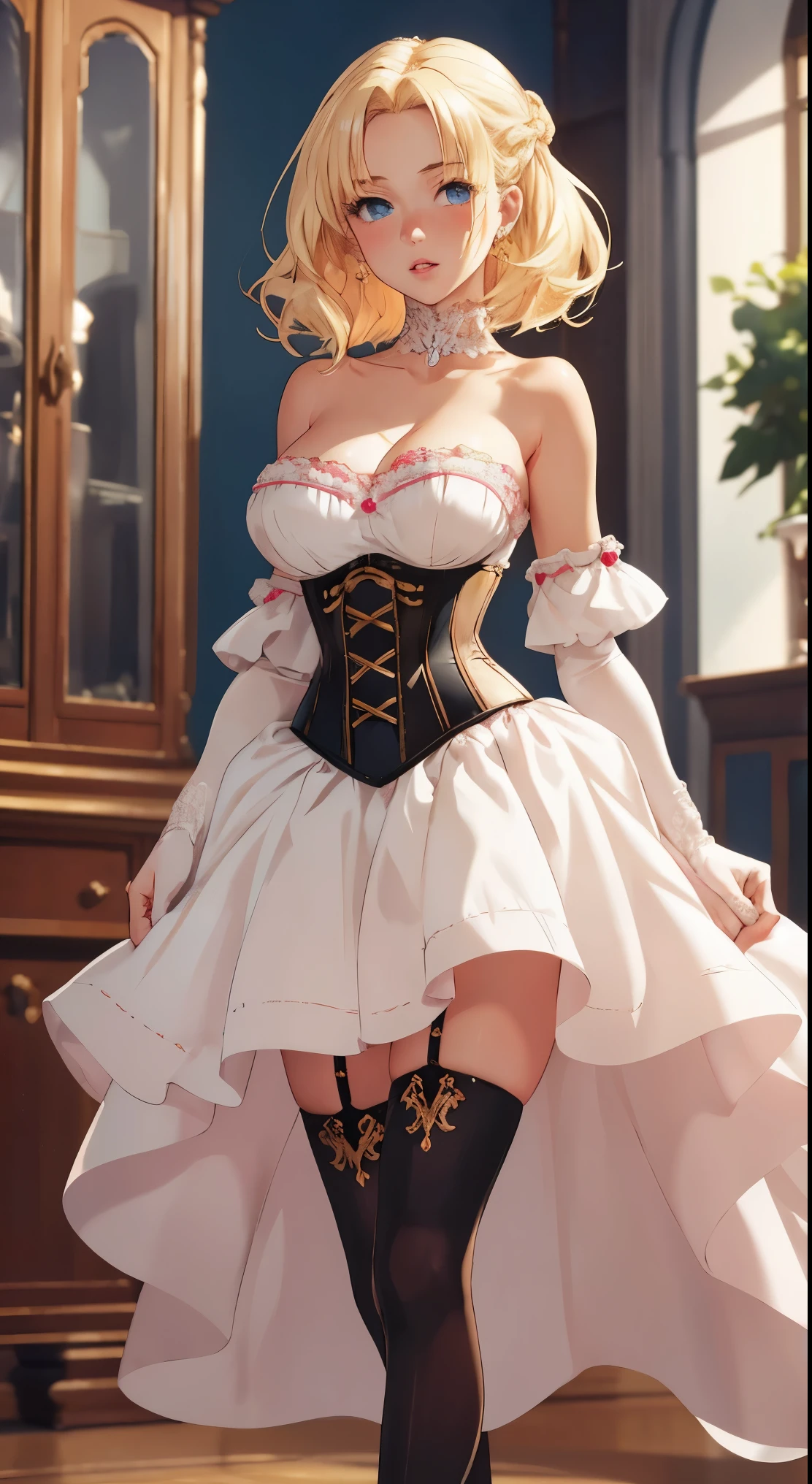 ultra detailed, sharp focus, best quality, masterpiece, colorful, mariacampbell, 1girl, blonde hair, full body shot, blush, intricate details, glossy lips, full lips, standing, strapless corset, indoors, thigh highs, high heels