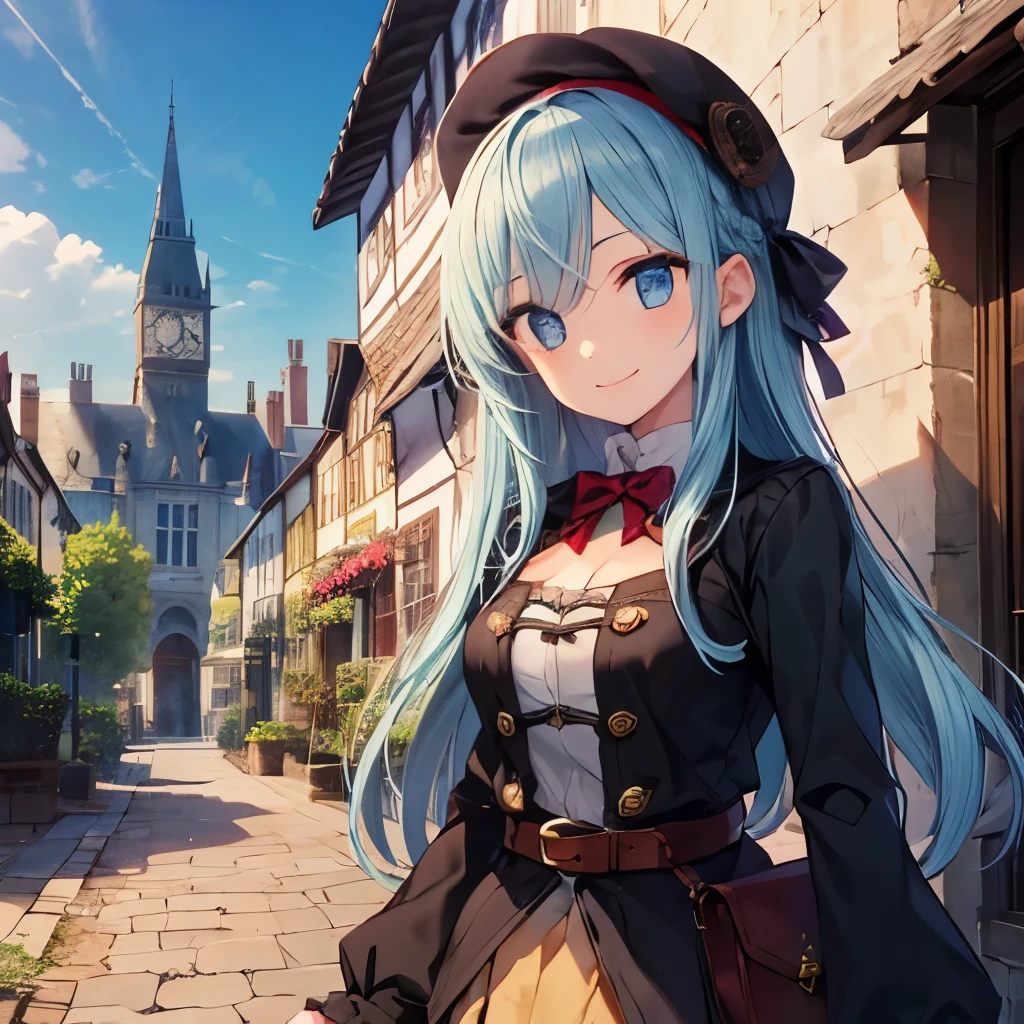 14th century), (medieval fantasy), (stone medieval german town),cobblestone road,pretty girl, beautiful girl, beautiful face, round eyes, highest quality, Super detailed, smile, steampunk,long sleeve,layered skirt, bright sky blue hair,long hair, belt,beret,Pouch,boots,