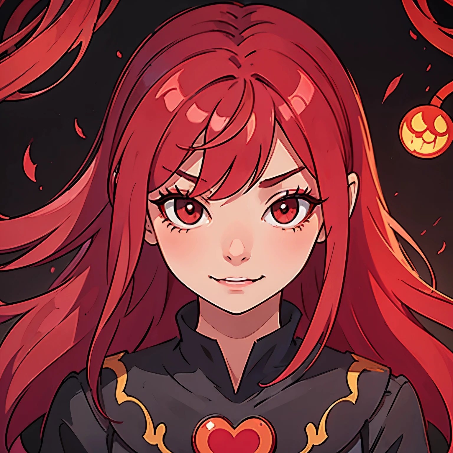 Villain, evil smile, evil, cruelty, genocidal,Red, girl, deck, hearts, princess, beautiful, wonderland, Strong red hair, anime, Red eyes, Cute, very beautiful