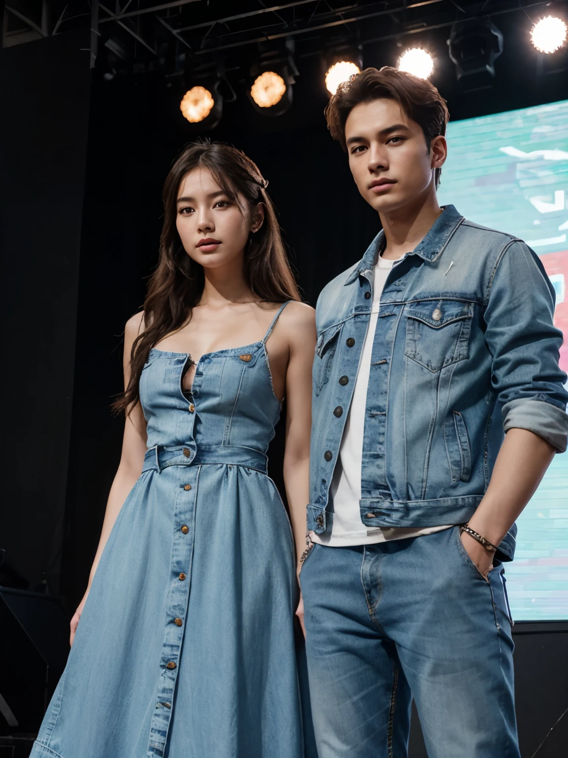 a man and a woman standing next to each other on a music band festival stage, an image, inspired by Adam Dario Keel, denim jacket, which is trending in the cg community, beautiful young Korean woman dressed in a long party dress movie screencap, model elisajes from acquamodels