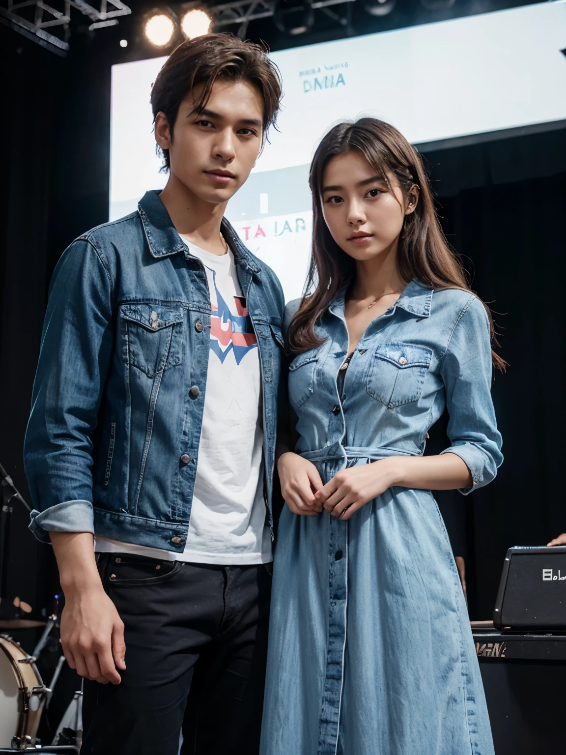 a man and a woman standing next to each other on a music band festival stage, an image, inspired by Adam Dario Keel, denim jacket, which is trending in the cg community, beautiful young Korean woman dressed in a long party dress movie screencap, model elisajes from acquamodels