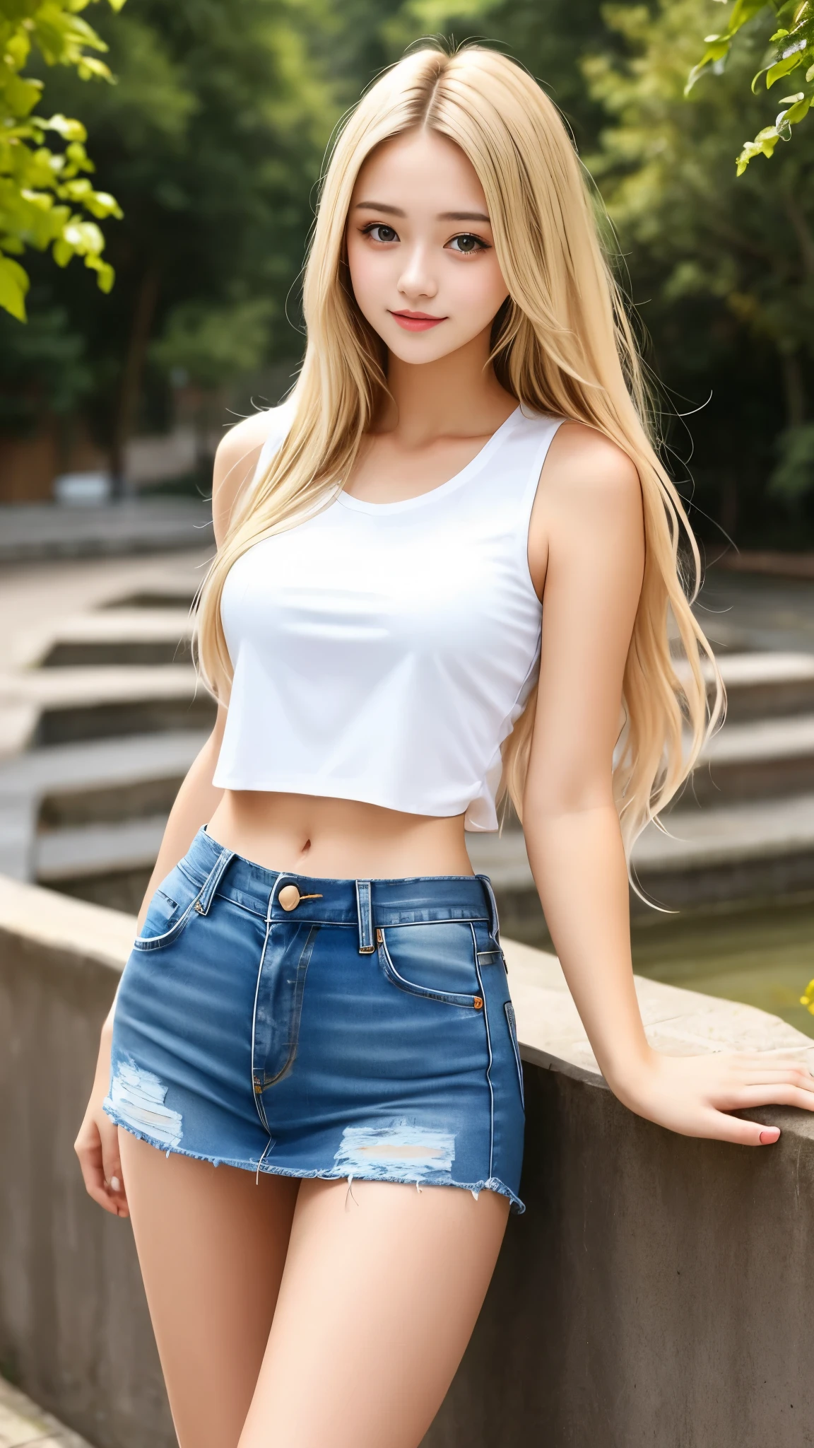 beautiful girl. female beauty. shy pose. sexy body shape. white top. denim mini skirt. in your daily life, outdoor activities. long, straight blonde hair. very beautiful teenager. long legs.