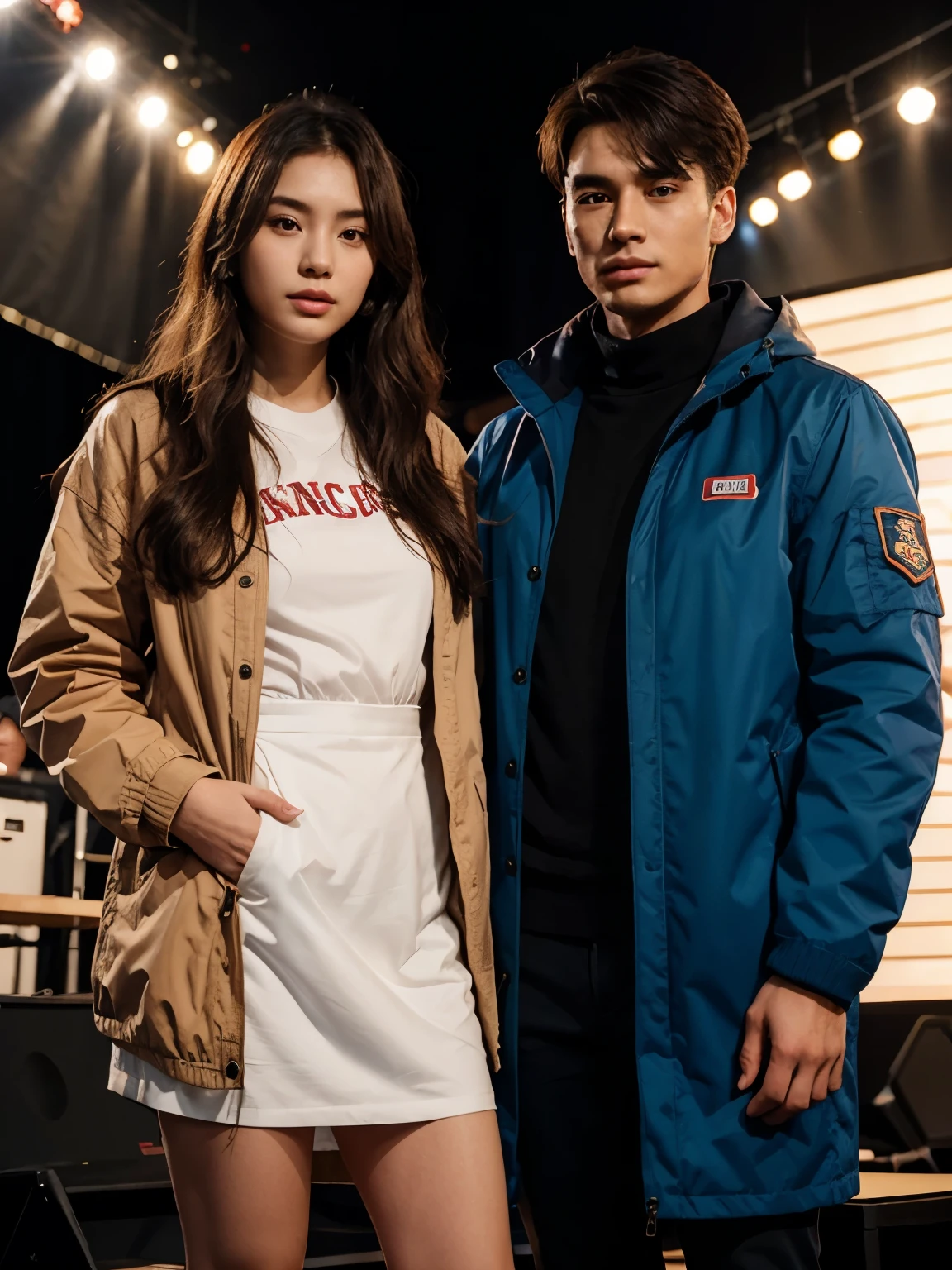 a man and a woman standing next to each other on a music band festival stage, an image, inspired by Adam Dario Keel, parka jacket, which is trending in the cg community, beautiful young Korean woman dressed in a long party dress movie screencap, model elisajes from acquamodels