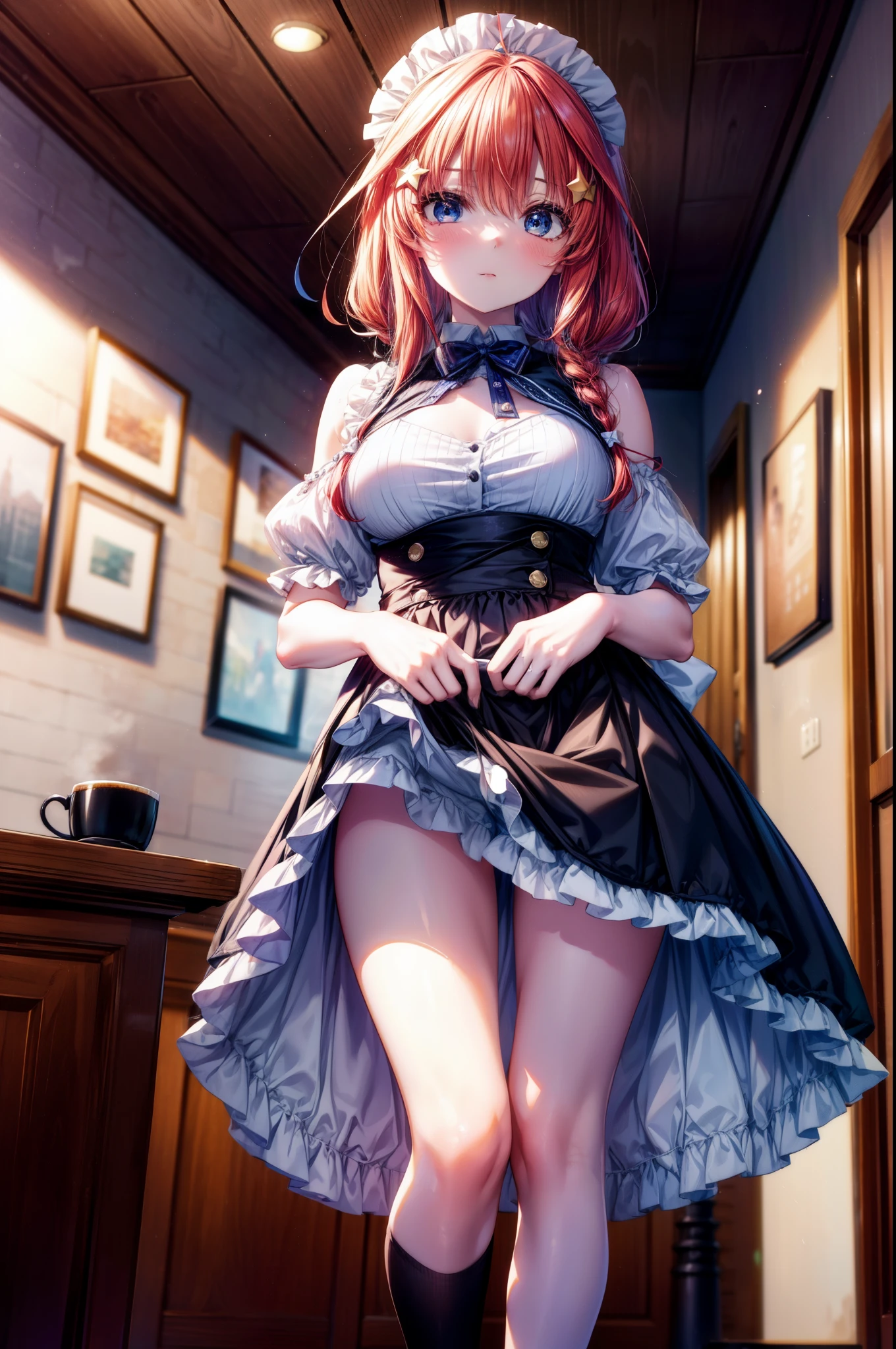 itsukinakano, Itsuki Nakano, bangs, blue eyes, hair between eyes, Ahoge, redhead, star \(symbol\), blush,embarrassing,hair ornaments,long hair,short braided hair, star hair ornaments,she was wearing a maid long skirt,bare shoulders,Bare chest, white stockings on her legs, lift the long skirt with both hands,
break indoors, coffee shop,
break (masterpiece:1.2), highest quality, High resolution, unity 8k wallpaper, (figure:0.8), (detailed and beautiful eyes:1.6), highly detailed face, perfect lighting, Very detailed CG, (perfect hands, perfect anatomy),