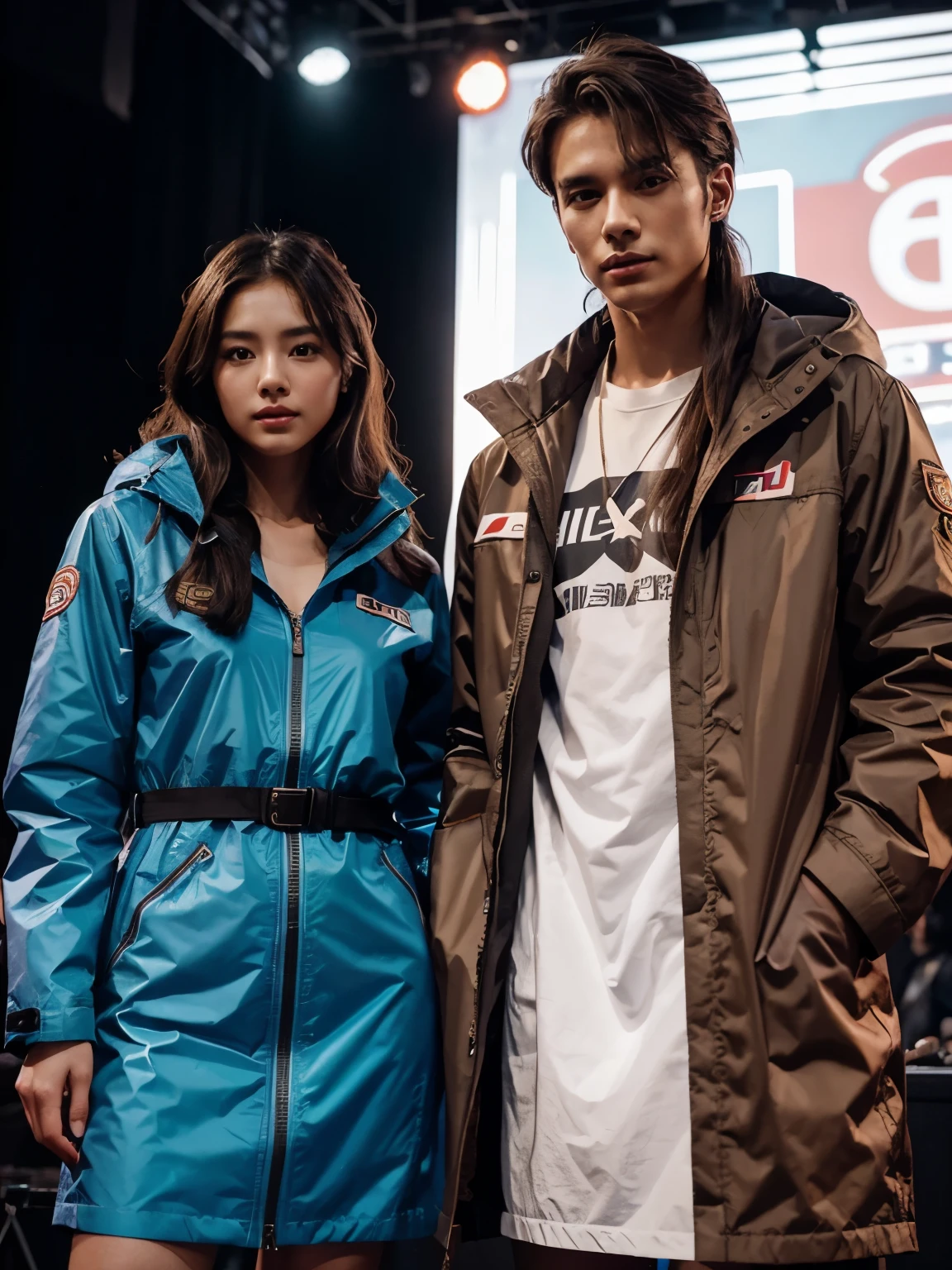 a man and a woman standing next to each other on a music band festival stage, an image, inspired by Adam Dario Keel, parka jacket, which is trending in the cg community, beautiful young Korean woman dressed in a long party dress movie screencap, model elisajes from acquamodels