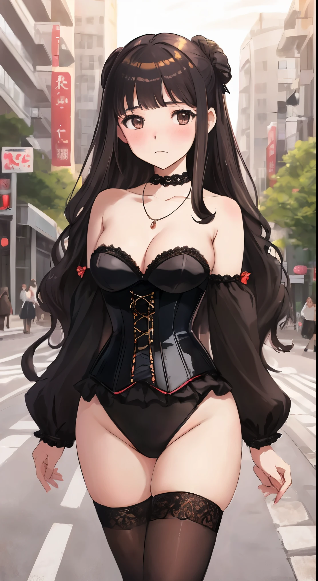 Masterpiece, best quality, ultrasharp, highly detailed, illustration, tomoyo, medium breasts, (aged up), standing, city street, makeup, (18 year old girl:1.2), collarbone, necklace, frown, strapless corset, thigh highs