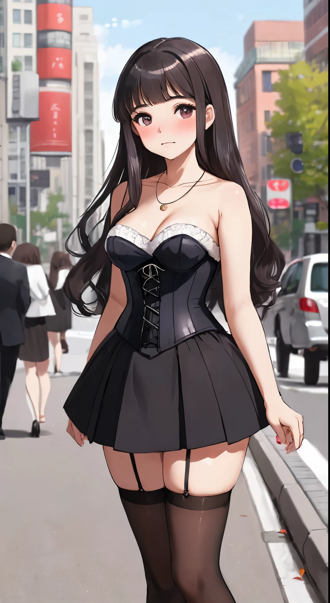 Masterpiece, best quality, ultrasharp, highly detailed, illustration, tomoyo, medium breasts, (aged up), standing, city street, makeup, (18 year old girl:1.2), collarbone, necklace, frown, strapless corset, thigh highs