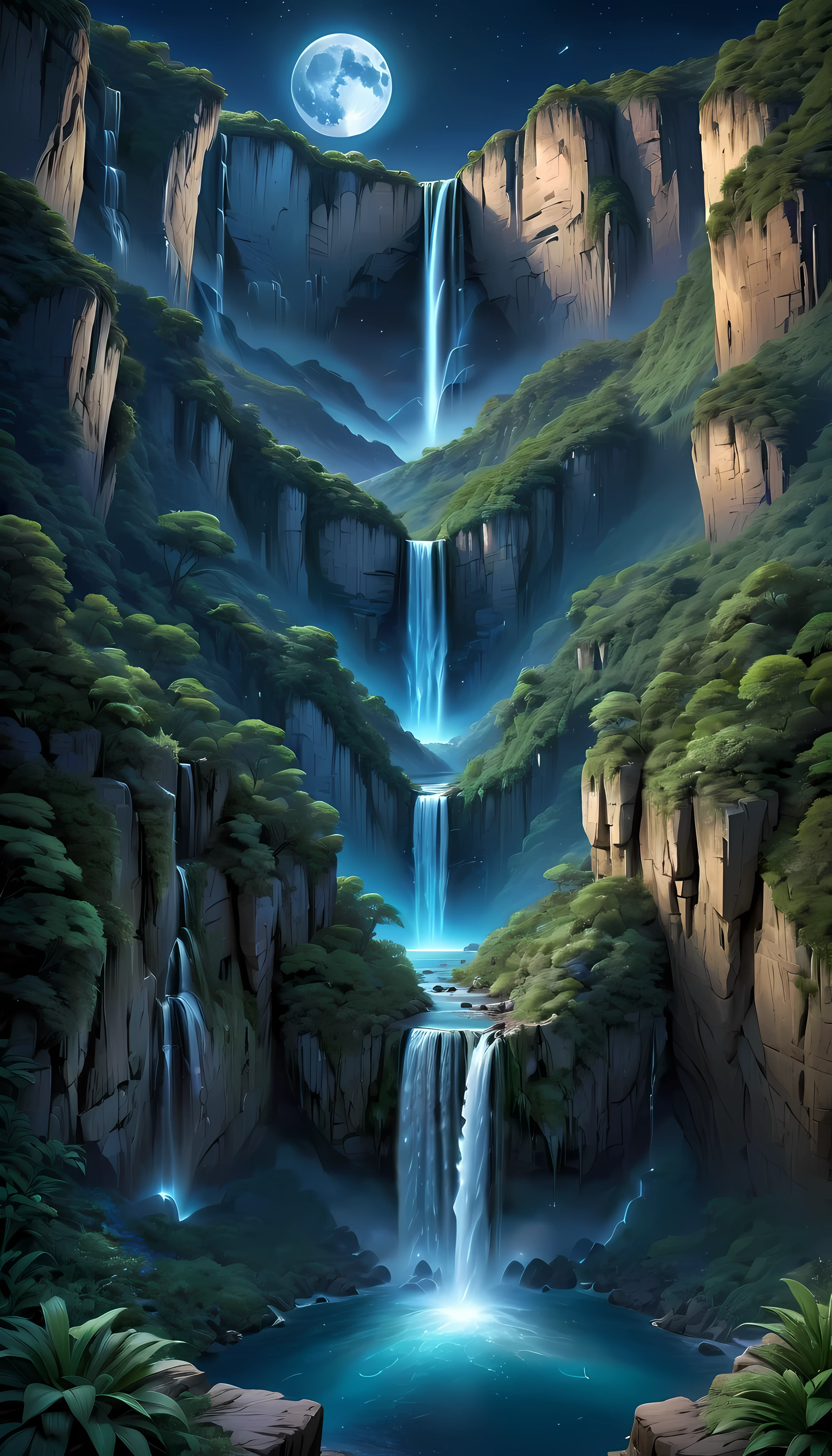 Towering steep and towering high waterfall cliff garden wild, asymmetric waterfall canyon,
Coexistence with the natural environment, waterfall canyon night, clear night sky, meteors across, moonlight, extremely detailed, best quality, masterpiece, high resolution, Hyperrealistic, 8K, top-view,  high angle view, Blue Color Palette, Minimalism.