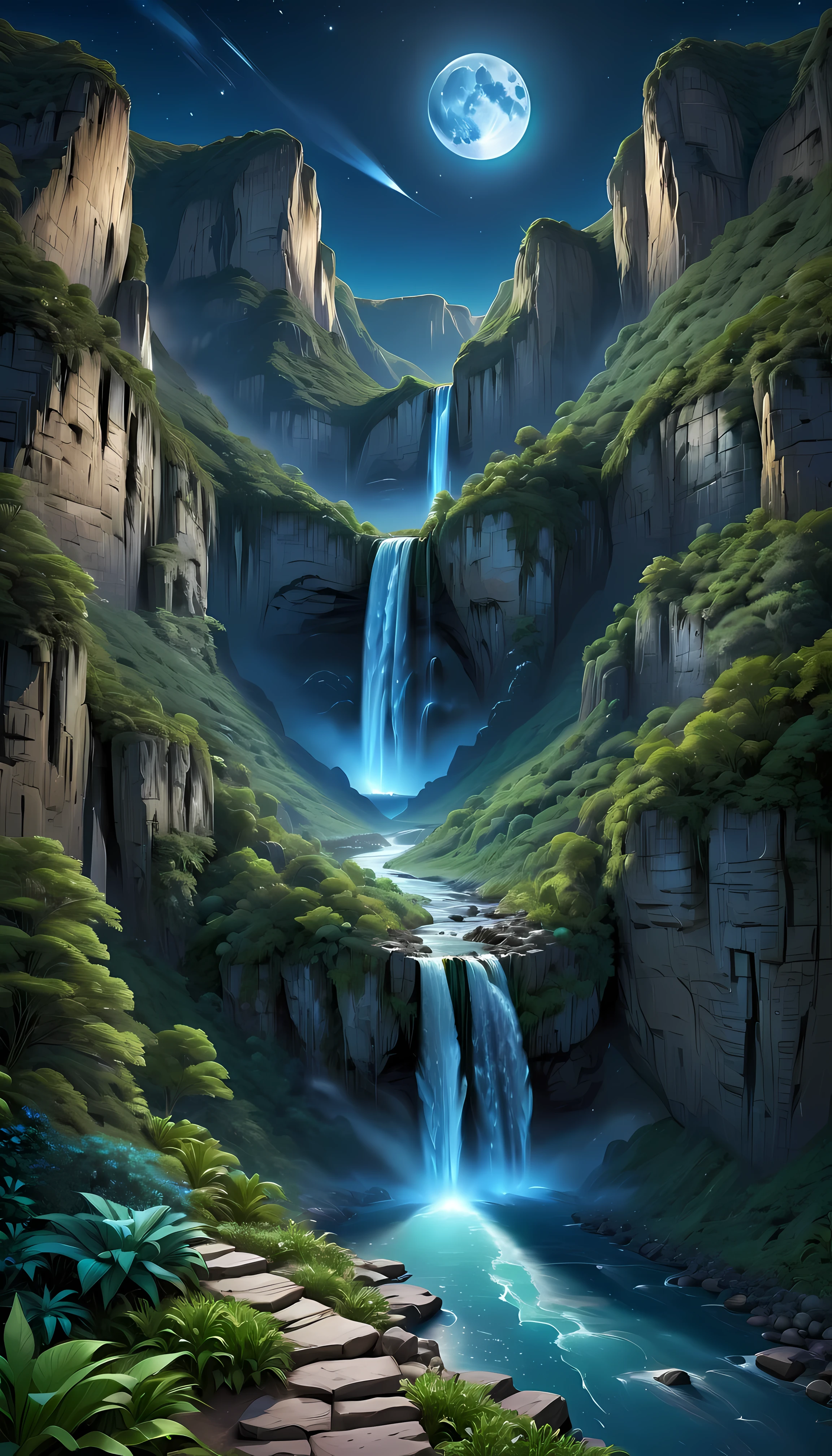 Towering steep and towering high waterfall cliff garden wild, asymmetric waterfall canyon,
Coexistence with the natural environment, waterfall canyon night, clear night sky, meteors across, moonlight, extremely detailed, best quality, masterpiece, high resolution, Hyperrealistic, 8K, top-view,  high angle view, Blue Color Palette, Minimalism.