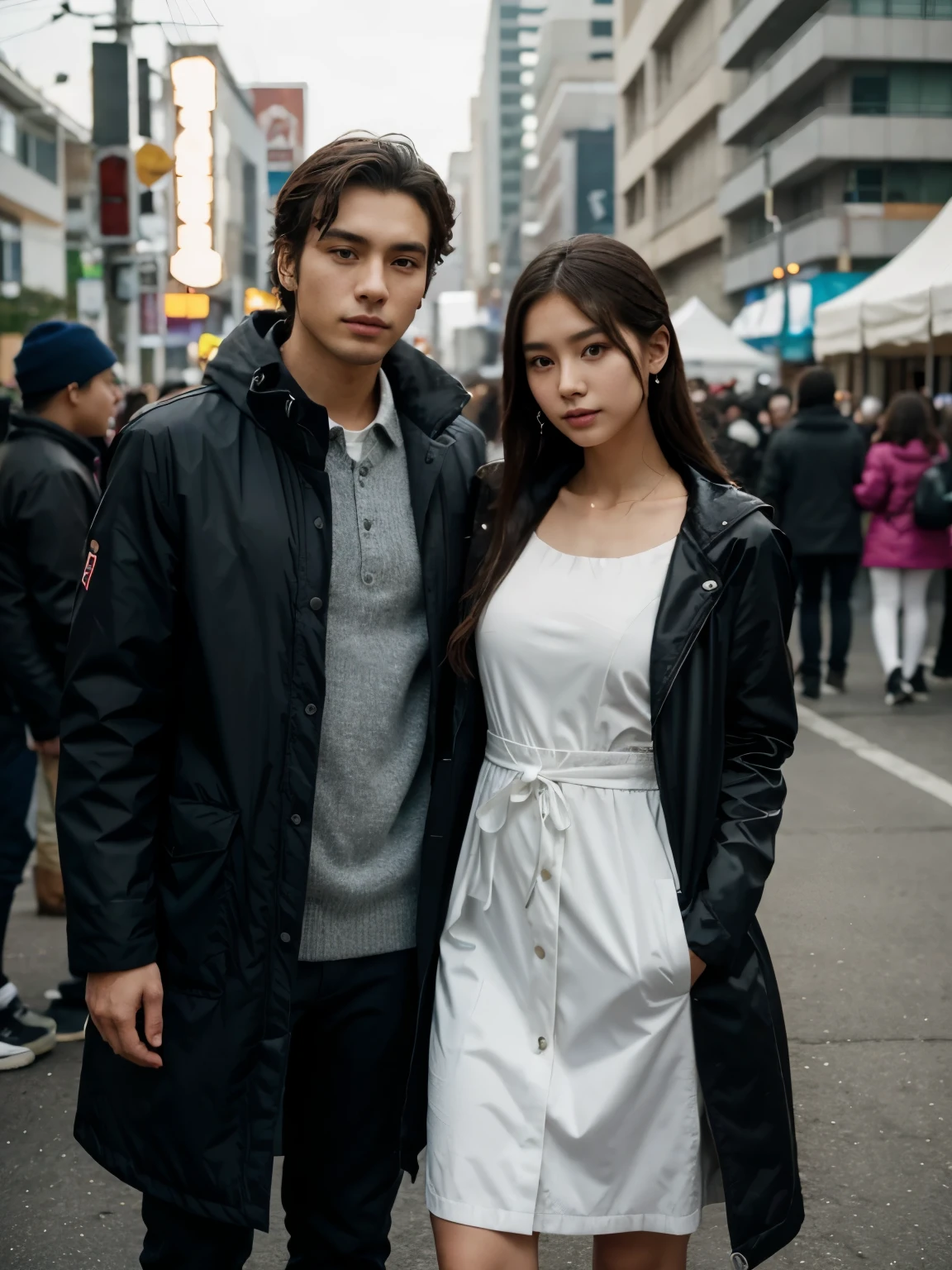 a man and a woman standing next to each other at a music band festival, an image, inspired by Adam Dario Keel, parka jacket, which is trending in the cg community, beautiful young Korean woman dressed in a long party dress movie screencap, model elisajes from acquamodels
