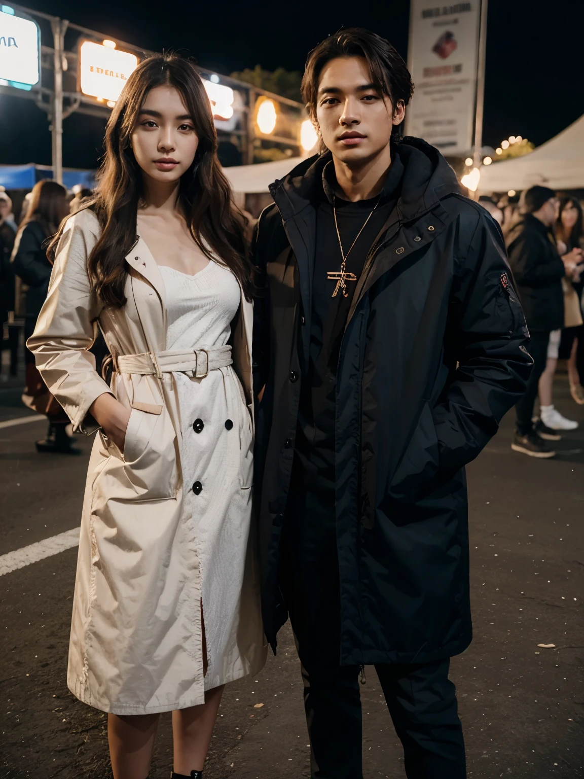 a man and a woman standing next to each other at a music band festival, an image, inspired by Adam Dario Keel, parka jacket, which is trending in the cg community, beautiful young Korean woman dressed in a long party dress movie screencap, model elisajes from acquamodels