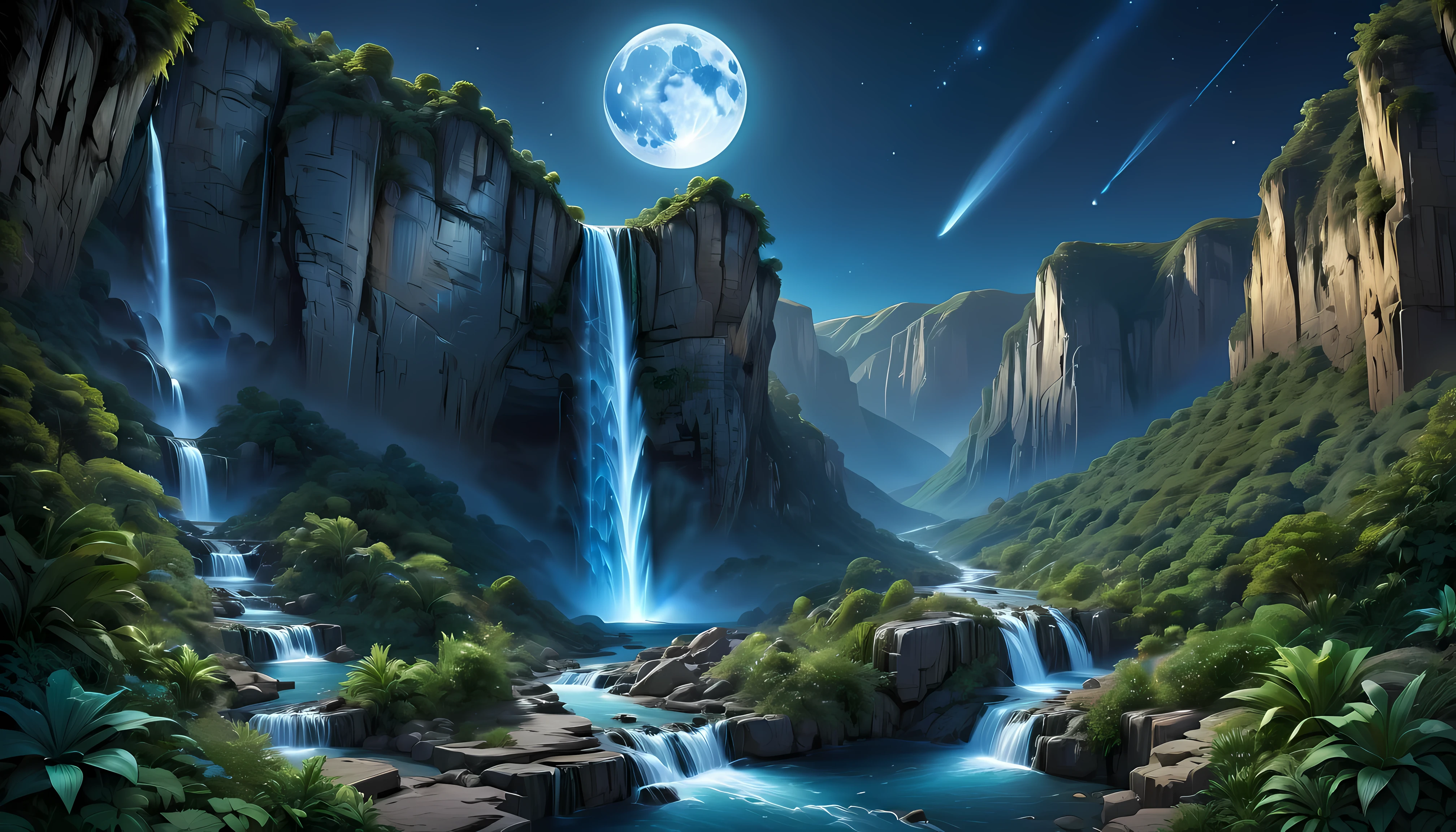 Towering steep and towering high waterfall cliff garden wild, asymmetric waterfall canyon,
Coexistence with the natural environment, waterfall canyon night, clear night sky, meteors across, moonlight, extremely detailed, best quality, masterpiece, high resolution, Hyperrealistic, 8K, top-view,  high angle view, Blue Color Palette, Minimalism.