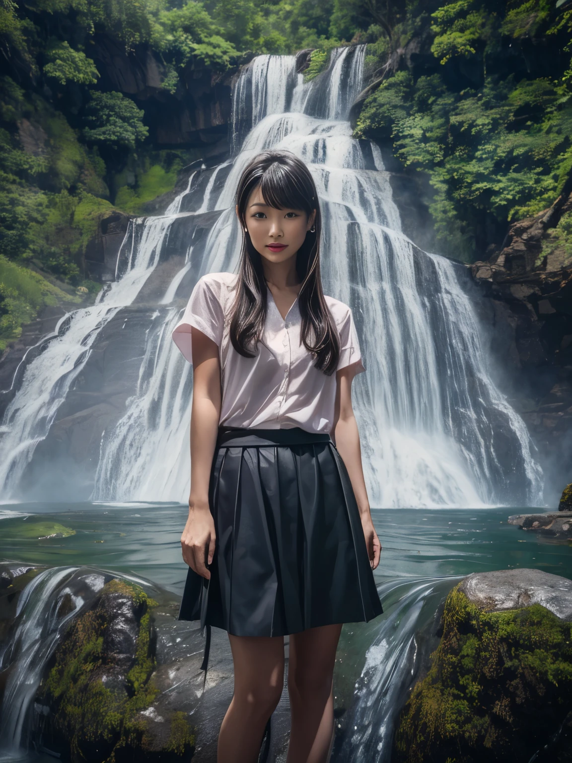 There is a woman in a skirt standing in front of the waterfall, Ren Iwakura, close up Ren Iwakura, Beside the waterfall, Shot with Canon EOS 5D, It&#39;s raining, eat and drink, fragrance, Shot with Canon EOS 5D, Shot with Canon eos 5d, Mayuri Shiina, Harumi