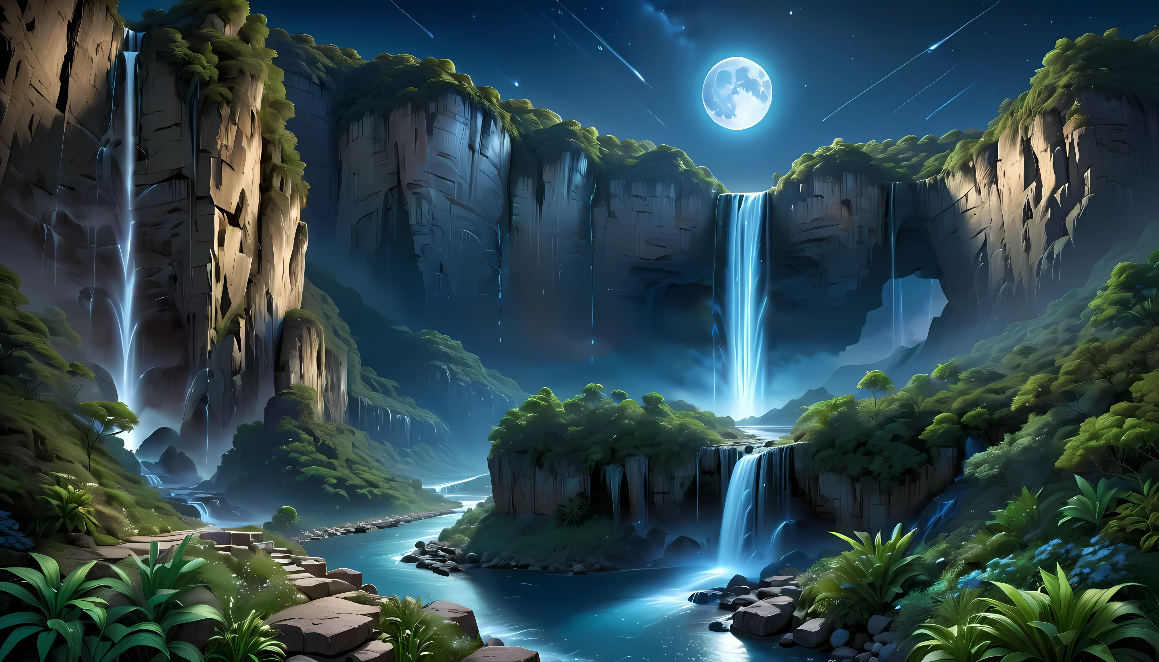 Towering steep and towering high waterfall cliff garden wild, asymmetric waterfall canyon,
Coexistence with the natural environment, waterfall canyon night, clear night sky, meteors across, moonlight, extremely detailed, best quality, masterpiece, high resolution, Hyperrealistic, 8K, top-view,  high angle view, Blue Color Palette, Minimalism.