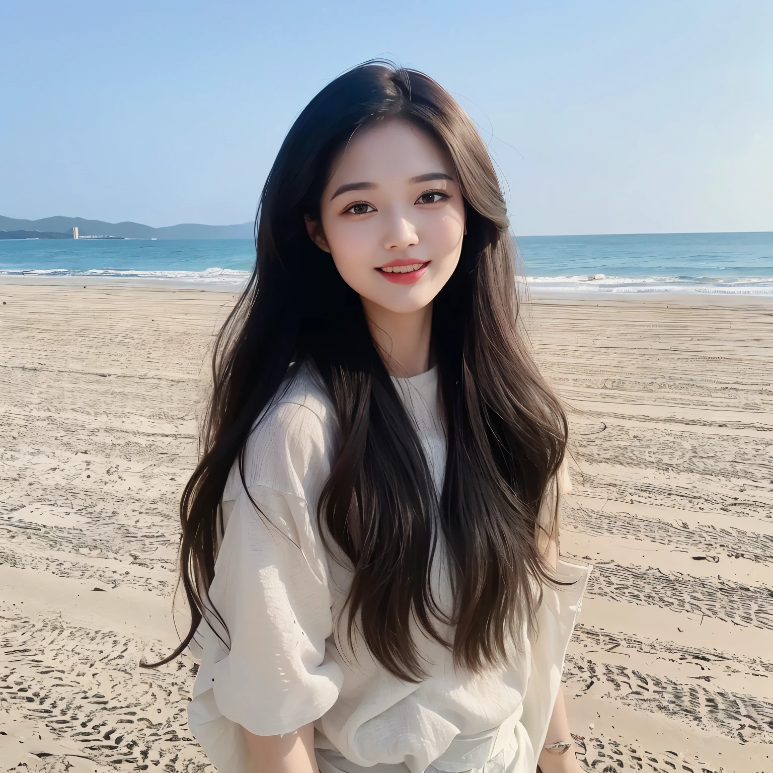 Girl taking photos on the beach, Urzan, long hair, 黑色波浪long hair,black wavy hair, black curly hair, Long curly hair, wavy hair loose, 深色Long curly hair, (1 girl:1.3), dynamic poses, delicate face, vibrant eyes, (from the front), White skin,
