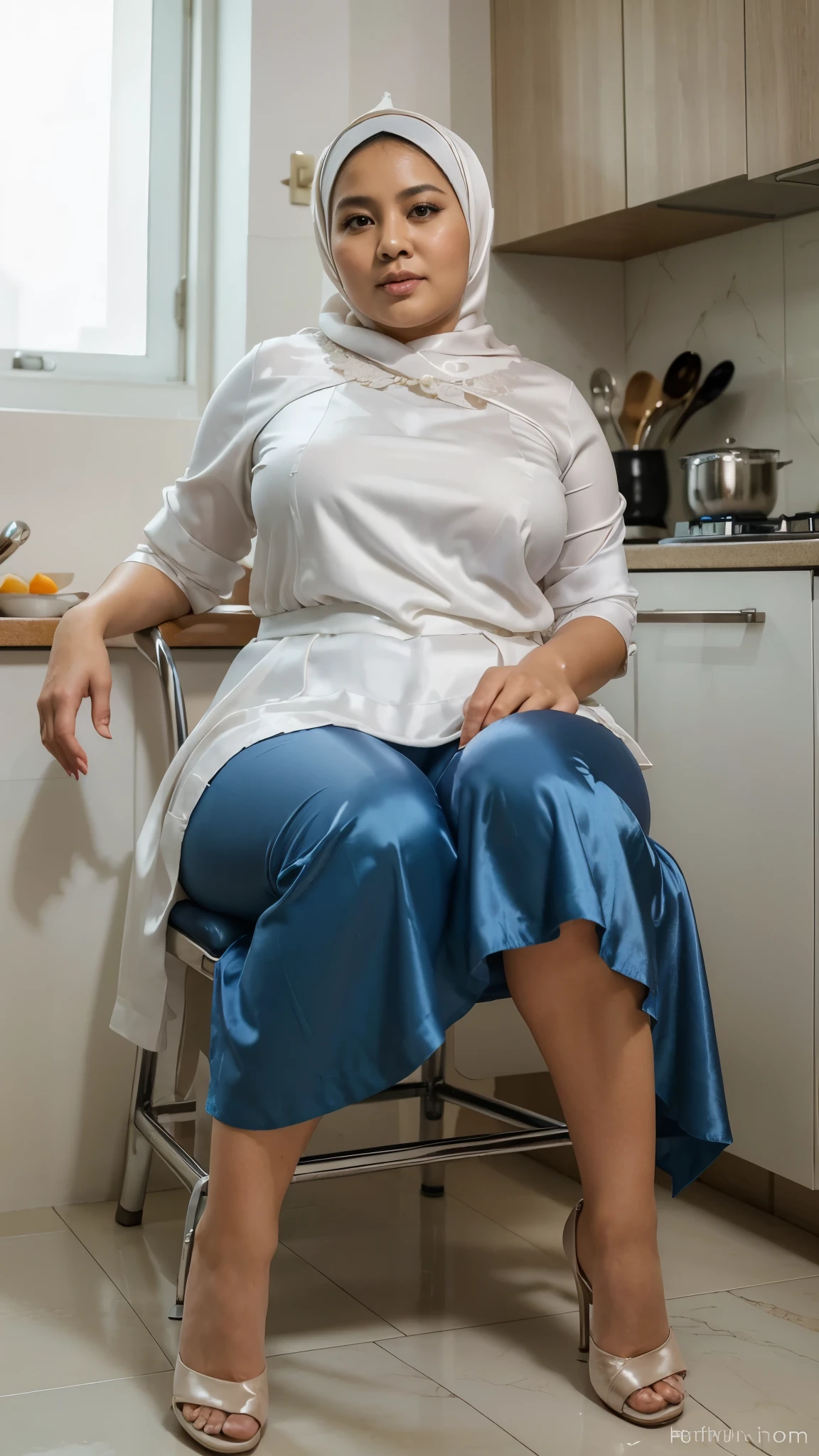((best quality)), ((masterpiece)), (detailed), perfect face, ((40 years old)),Malaysian girl, fat, , satin hijab, wearing white long gamis, stockings, heels, sit on chair, kitchen