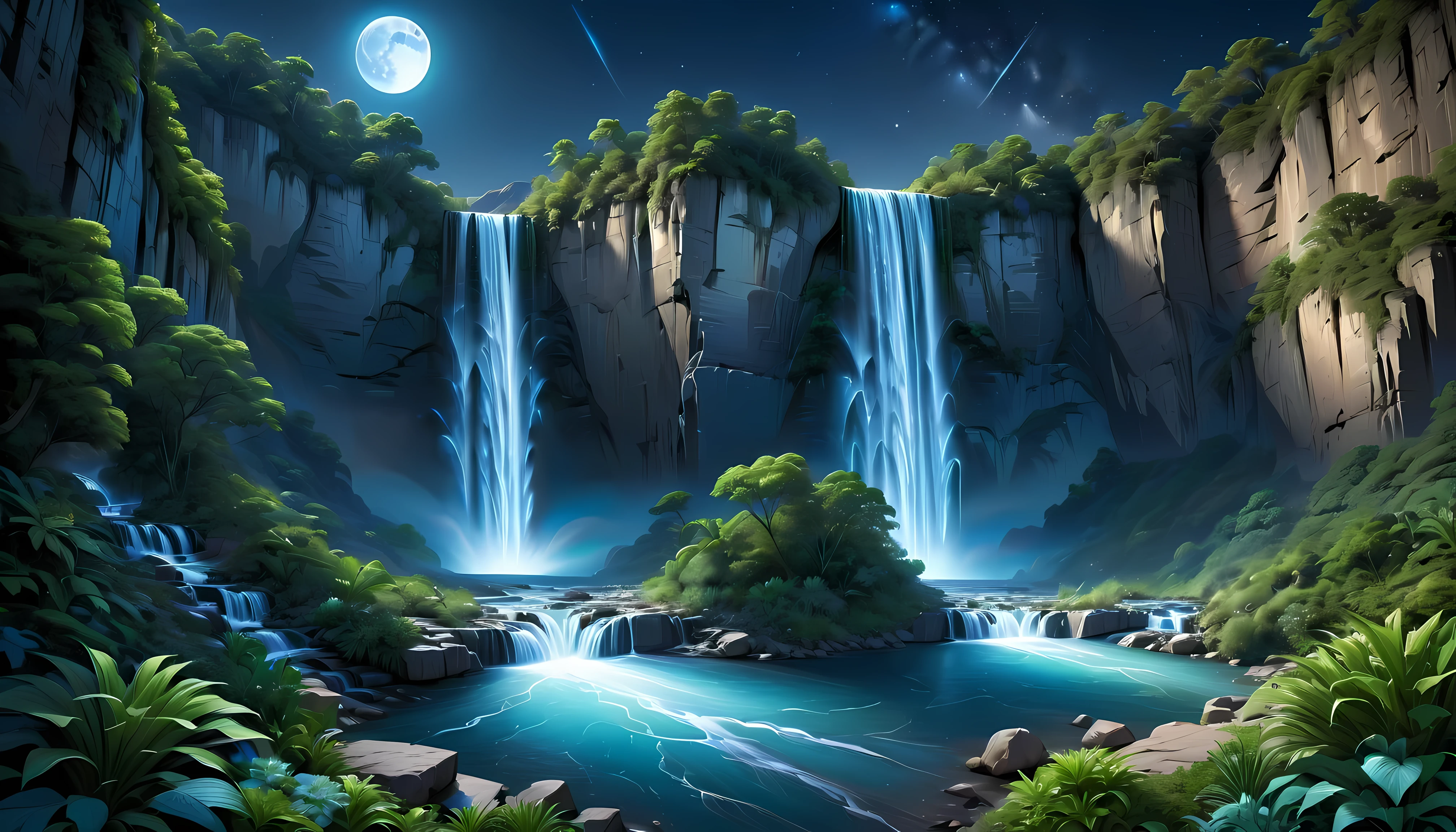 Towering steep and towering high waterfall cliff garden wild, asymmetric waterfall canyon,
Coexistence with the natural environment, waterfall canyon night, clear night sky, meteors across, moonlight, extremely detailed, best quality, masterpiece, high resolution, Hyperrealistic, 8K, top-view,  high angle view, Blue Color Palette, Minimalism.