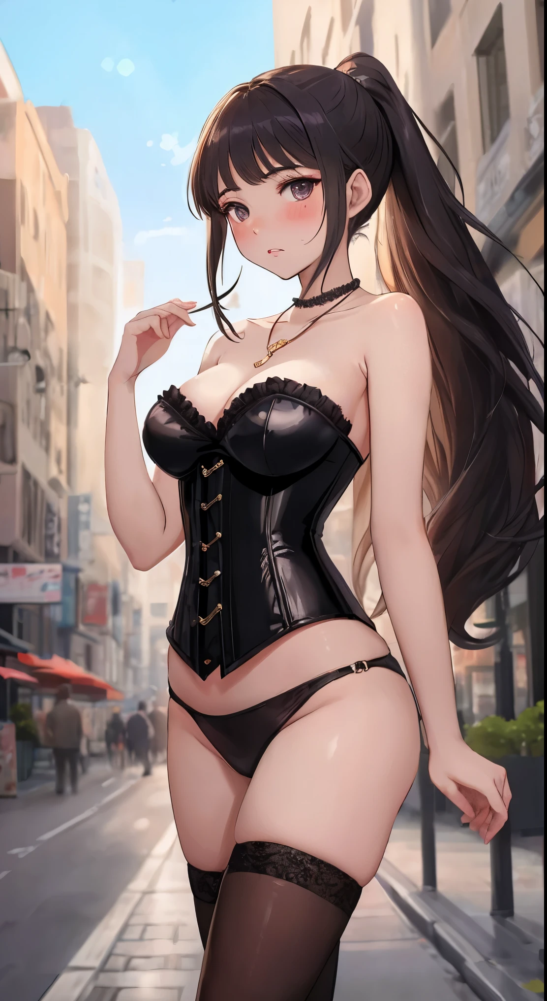 Masterpiece, best quality, ultrasharp, highly detailed, illustration, tomoyo, medium breasts, (aged up), standing, city street, makeup, (18 year old girl:1.2), collarbone, necklace, (frown), blush, strapless corset, thigh highs, ponytail