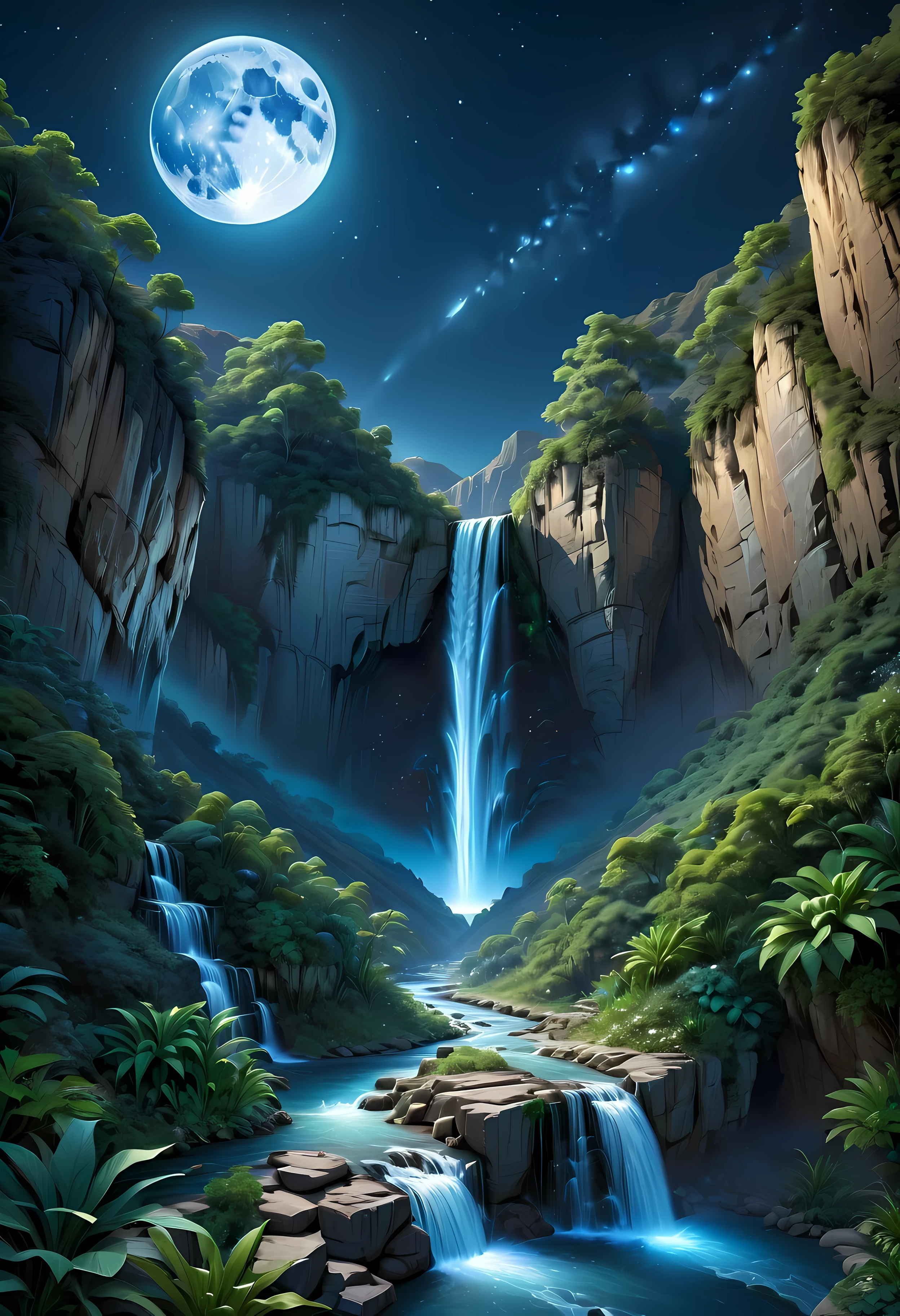 Towering steep and towering high waterfall cliff garden wild, asymmetric waterfall canyon,
Coexistence with the natural environment, waterfall canyon night, clear night sky, meteors across, moonlight, extremely detailed, best quality, masterpiece, high resolution, Hyperrealistic, 8K, top-view,  high angle view, Blue Color Palette, Minimalism.