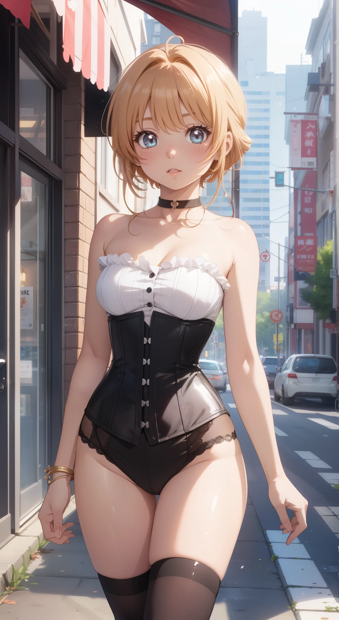 masterpiece, best quality, highres, 1girl, detailed face, blush, anime CG style, (medium breasts), (18 year old girl), good lighting, perfect body, lips parted, sakura kinomoto, glossy lips, city street, strapless corset, choker, thigh highs