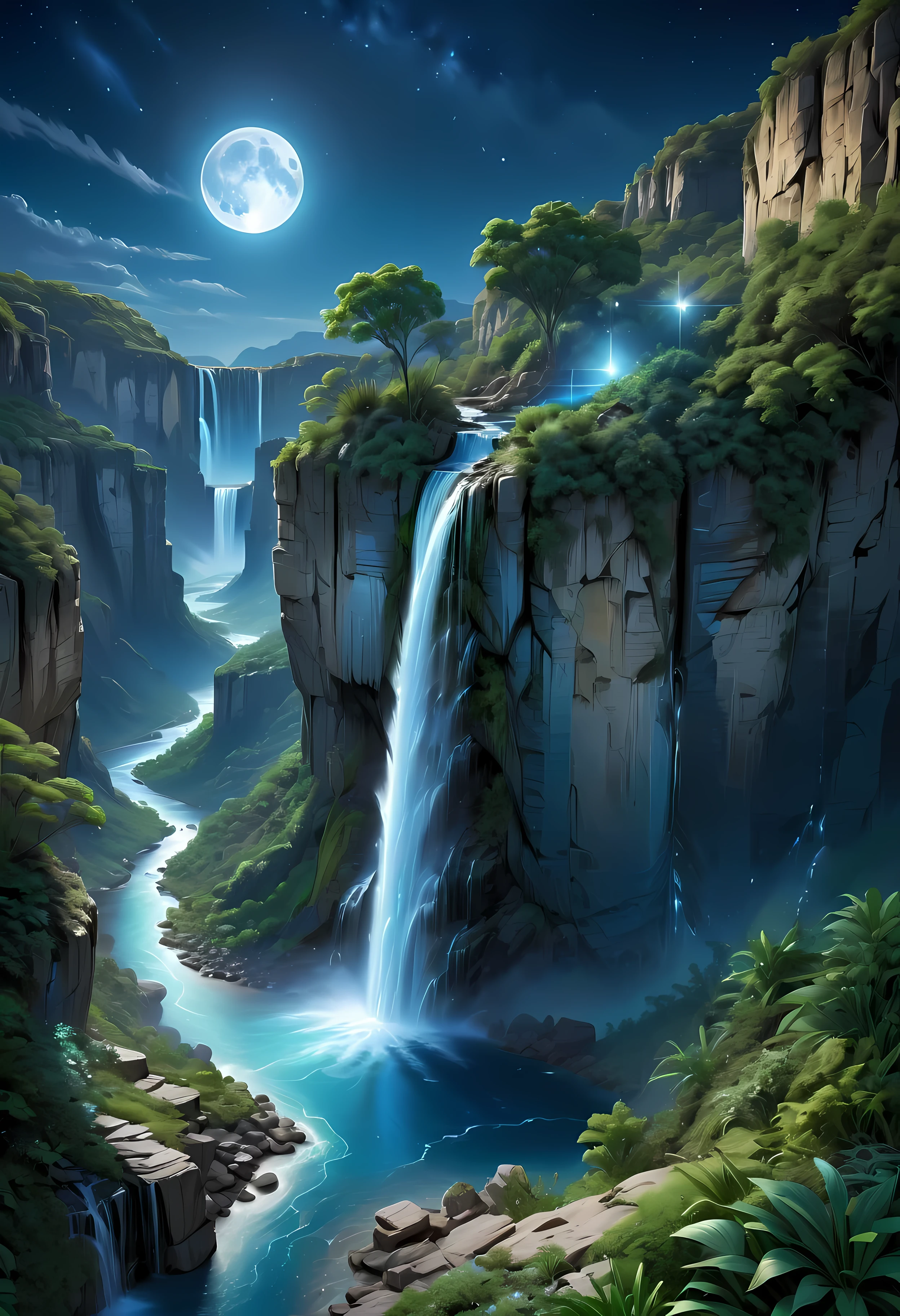 Towering steep and towering high waterfall cliff garden wild, asymmetric waterfall canyon,
Coexistence with the natural environment, waterfall canyon night, clear night sky, meteors across, moonlight, extremely detailed, best quality, masterpiece, high resolution, Hyperrealistic, 8K, top-view,  high angle view, Blue Color Palette, Minimalism.