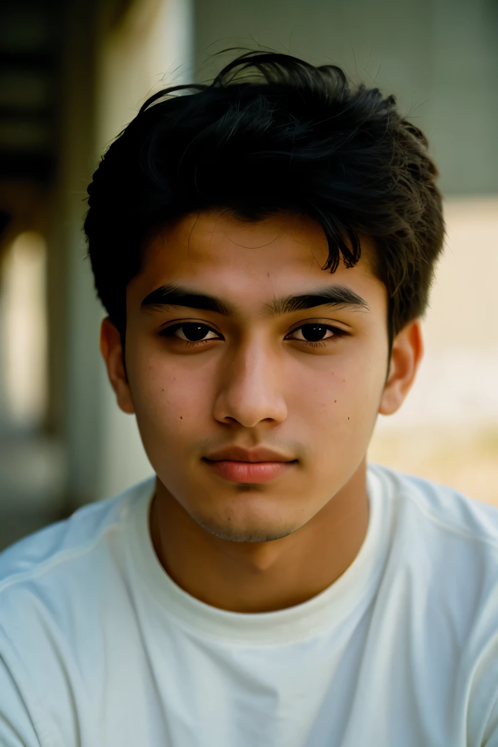 Photograph of a swarthy male, age 21, slightly round face, expected expression, close-up of face, in soft lighting, high angle, taken with a Fujicolor Pro camera